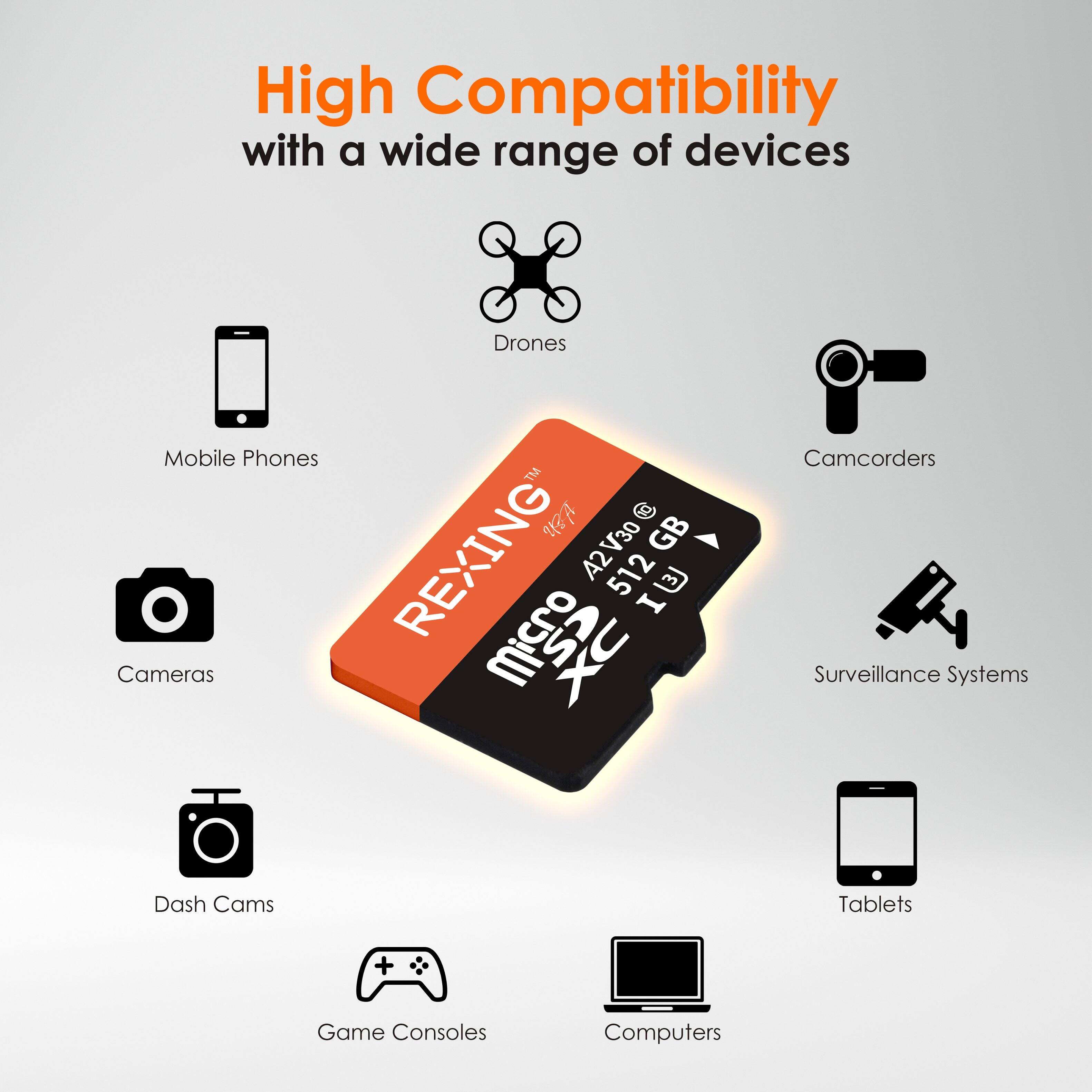 High Compatibility with a wide range of devices: Drones, Mobile Phones, Cameras, XC Camcorders, Surveillance Systems, Dash Cams, Tablets, Game Consoles, Computers.