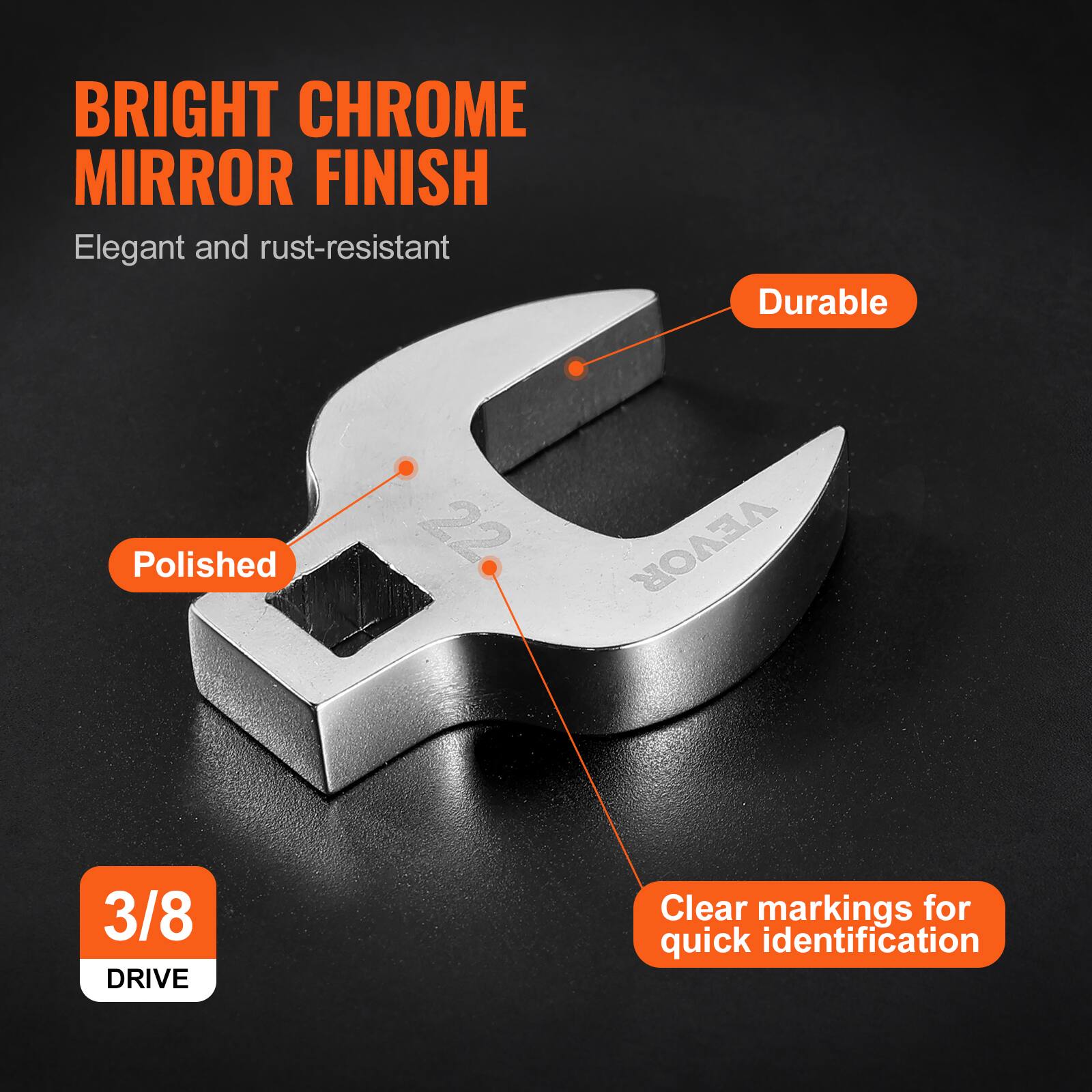 - BRIGHT CHROME MIRROR FINISH
- Elegant and rust-resistant
- Durable
- Polished
- 3/8 DRIVE
- Clear markings for quick identification