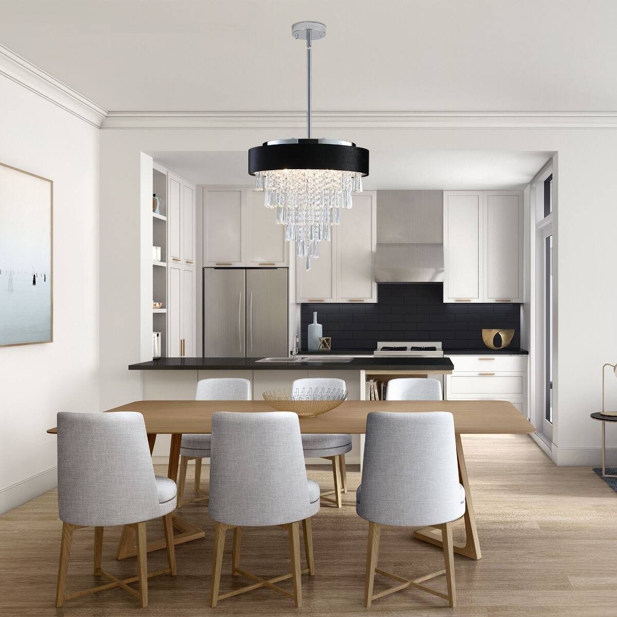 Left. Loheer - Loheer 18-Inch Modern Crystal Chandelier with Black Velvet Shade, Adjustable Height, Eight-Light G9 Fixture.