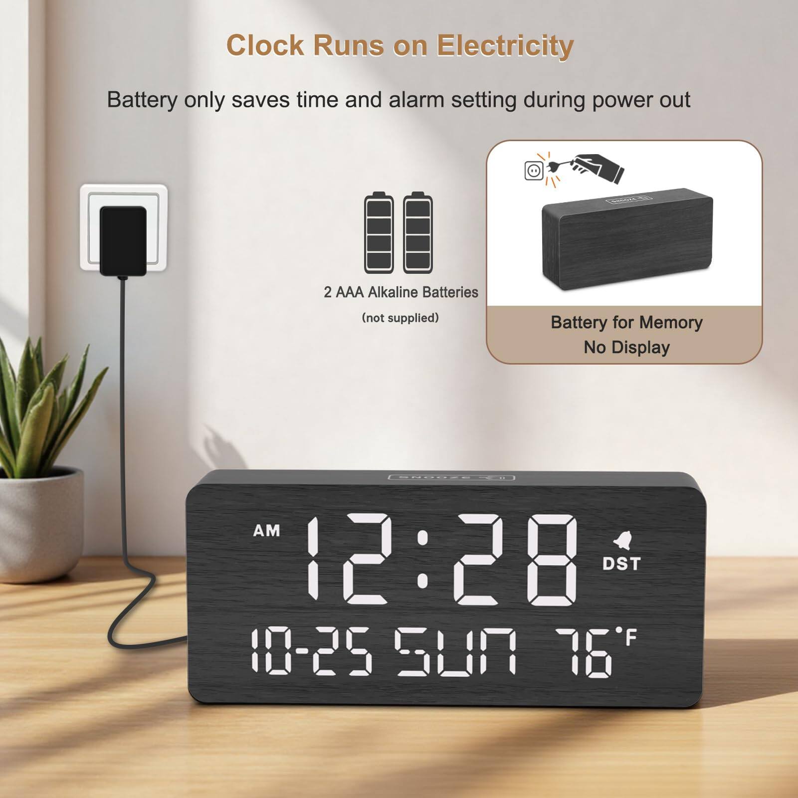 Clock Runs on Electricity  
Battery only saves time and alarm setting during power out  
2 AAA Alkaline Batteries (not supplied)  
Battery for Memory No Display  

AM 12:28  
DST  
10-25 SUN 76°F