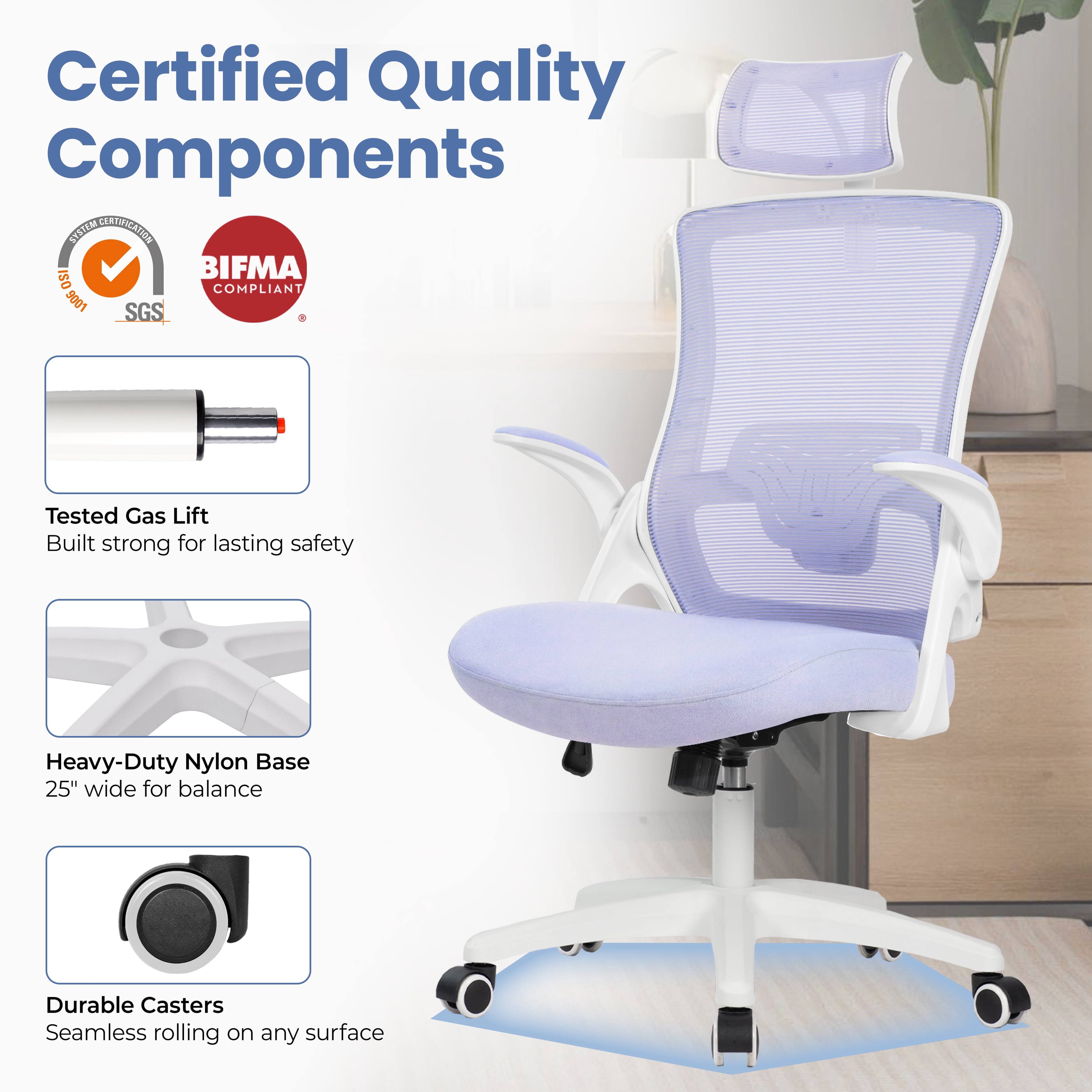 Certified Quality Components

- Tested Gas Lift
  - Built strong for lasting safety

- Heavy-Duty Nylon Base
  - 25" wide for balance

- Durable Casters
  - Seamless rolling on any surface

Certifications:
- BIFMA Compliant
- ISO 9001
- SGS