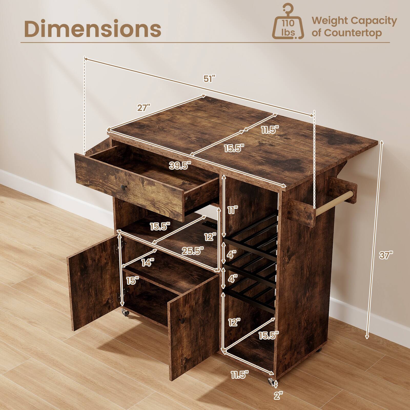Dimensions: 51", 27", 11.5", 15.5", 39.5", 15.5", 12", 25.5", 14", 15", 11", 4", 4", 37", 12", 15.5", 11.5", 2"

Weight Capacity of Countertop: 110 lbs