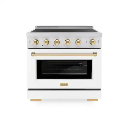 Front. ZLINE - Autograph 36 in. 5.2 cu. ft. Paramount Freestanding Induction Range with 5 Burners and Gold Accents with White Door - Matte White.