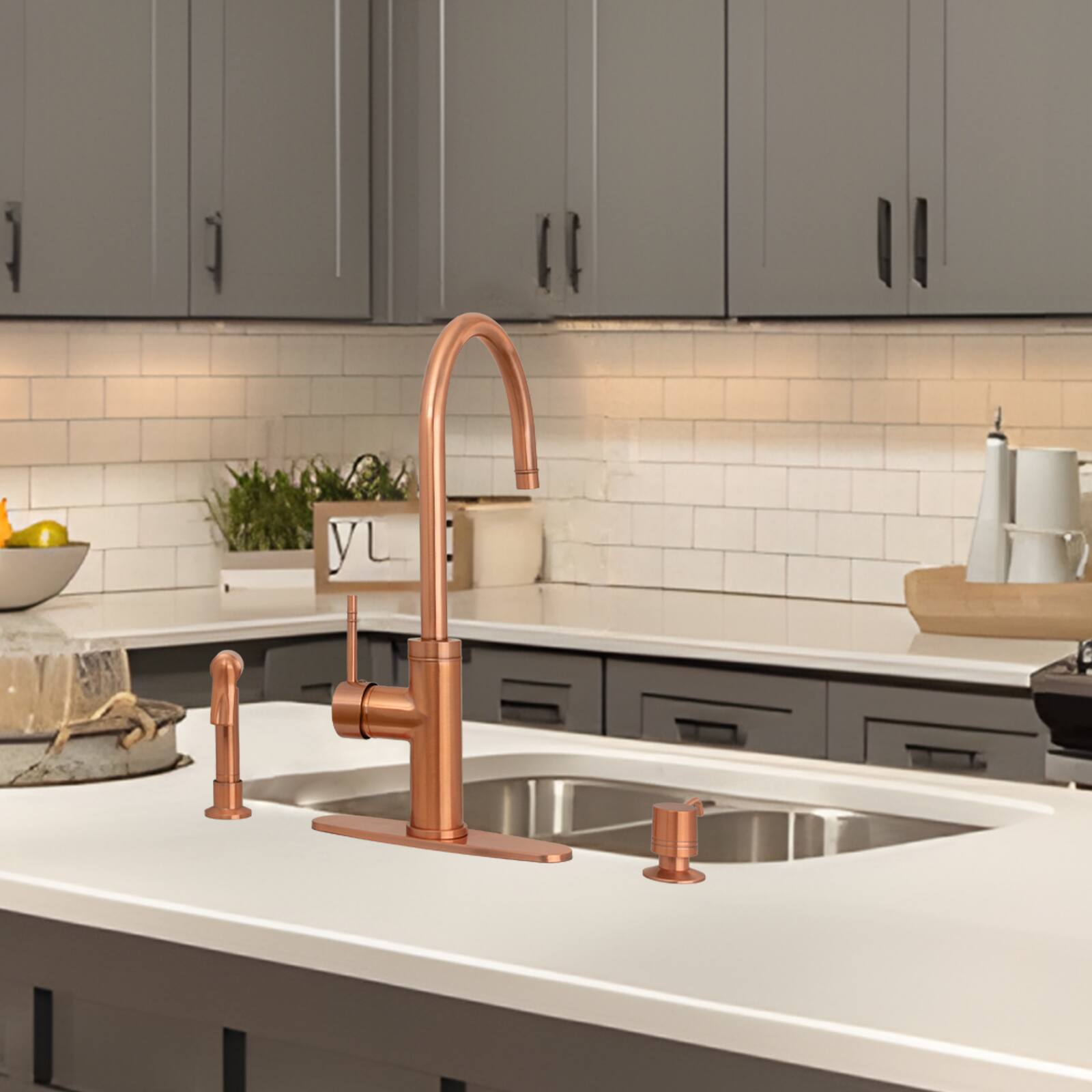 Alt View 4. Akicon - Akicon Solid Brass Single Handle 360° Swivel Widespread Kitchen Faucet with Side Sprayer in Antique Copper - Copper.