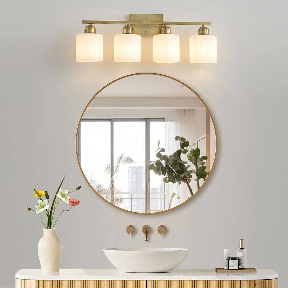 Alt View 5. Kadyn - Gold Bathroom Light Fixtures, 4-Light Modern Vanity Light, Wall Sconces with Milky White Frosted Glass Shades - Gold.