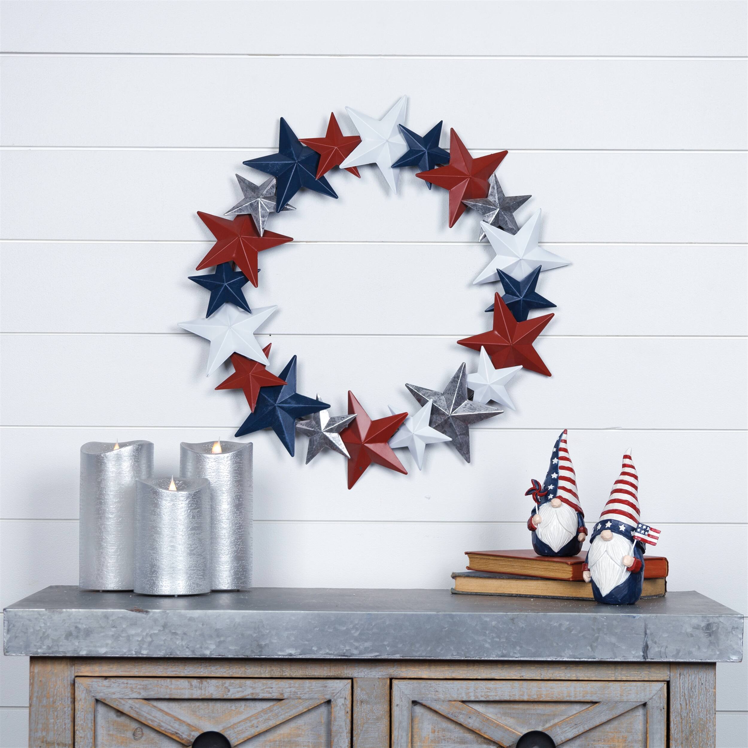Angle. BreeBe - Americana Metal Star Wreath 18"D - Red, White, Blue.