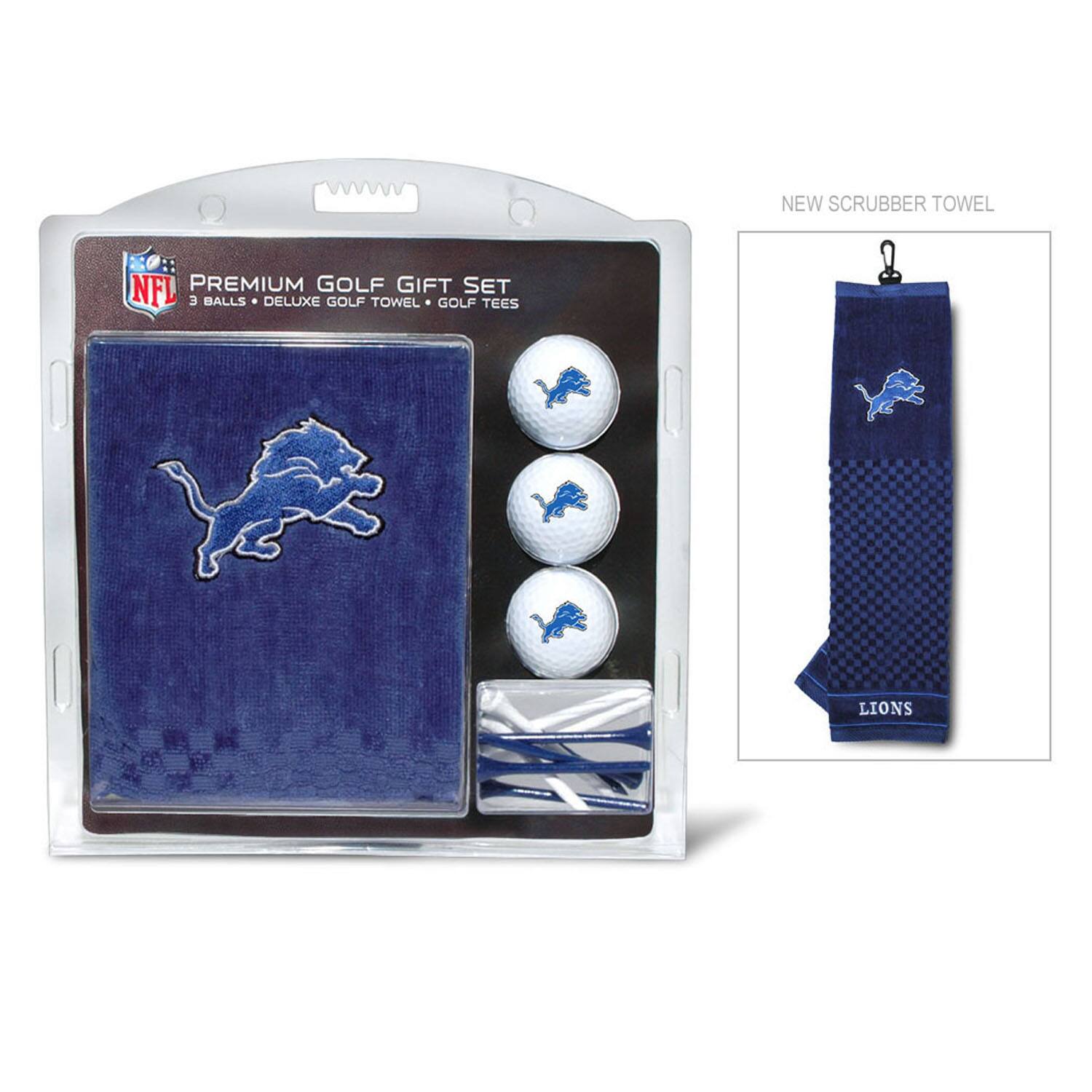 NEW SCRUBBER TOWEL

NFL PREMIUM GOLF GIFT SET  
3 BALLS • DELUXE GOLF TOWEL • GOLF TEES

LIONS
