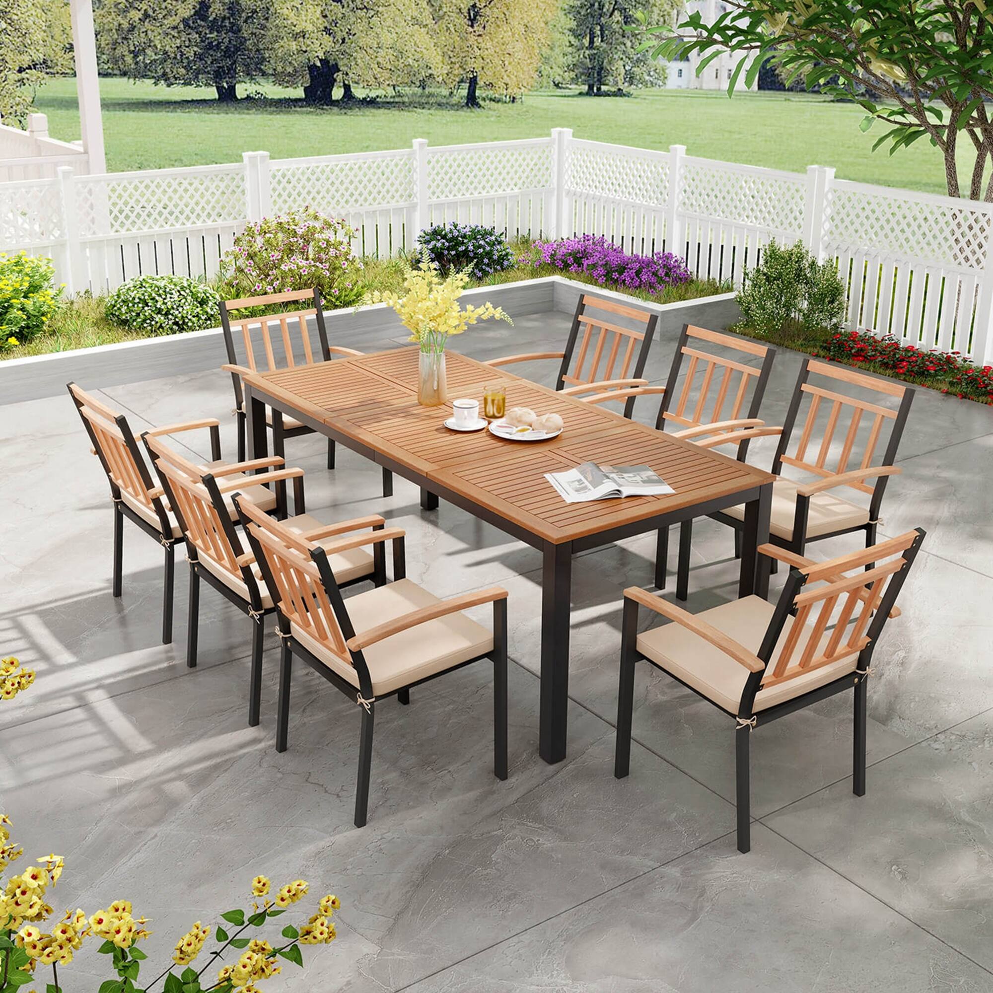 Alt View 1. Costway - Costway 9 PCS Outdoor Dining Table & Chairs Set Table with Acacia Wood Top Umbrella Hole - Natural.
