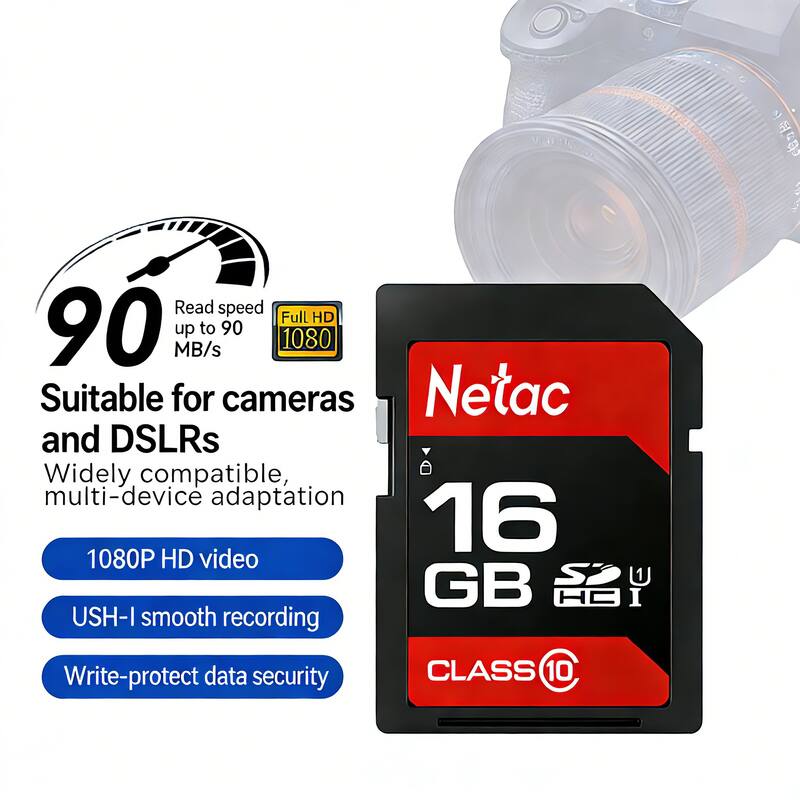 NTF 1 Read speed Full HD 90 MB/s up to 90 1080 Suitable for cameras Netac and DSLRs Widely compatible, multi-device adaptation 16 1080P HD video GB U HC I USH-I smooth recording Write-protect data security CLASS 10