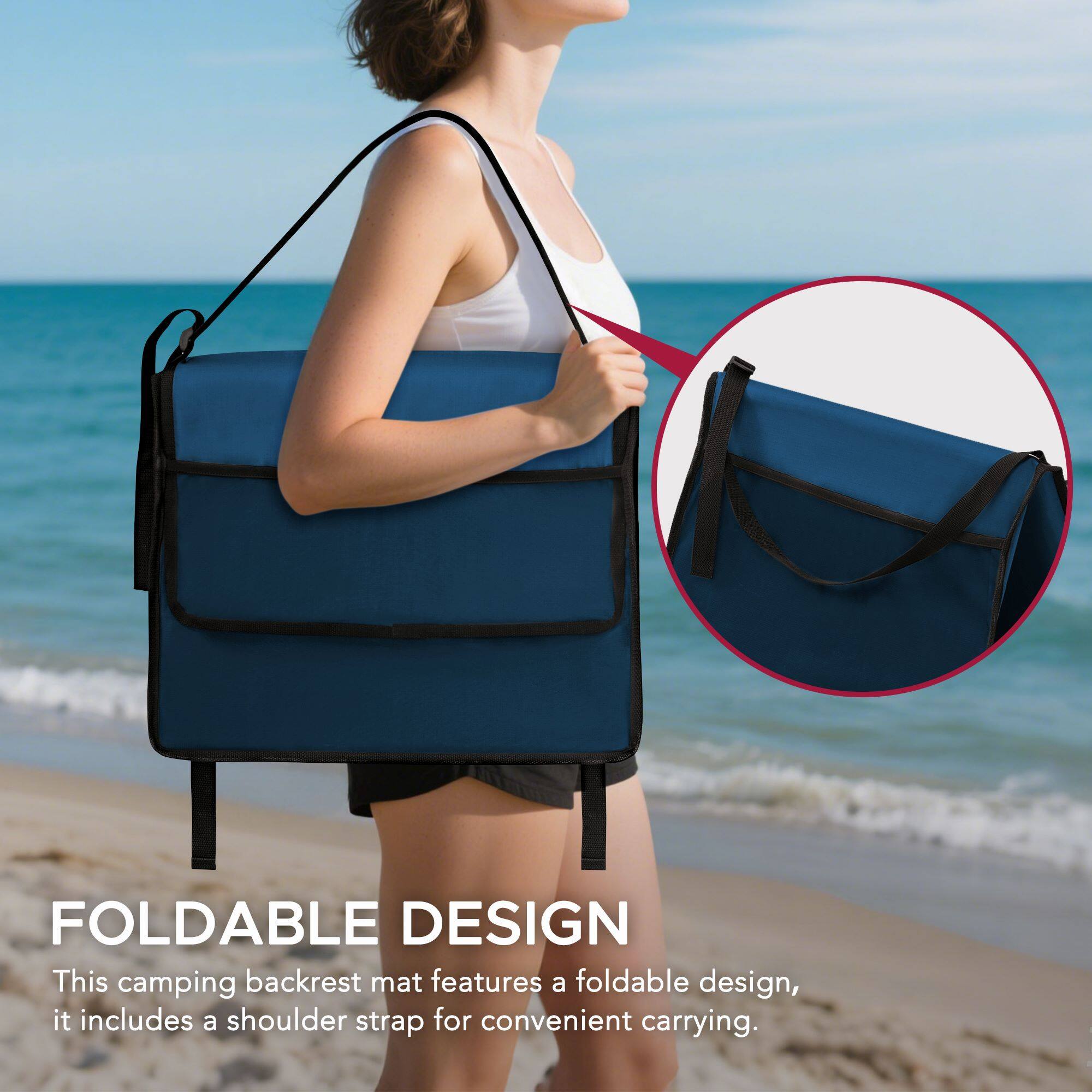 FOLDABLE DESIGN  
This camping backrest mat features a foldable design, it includes a shoulder strap for convenient carrying.