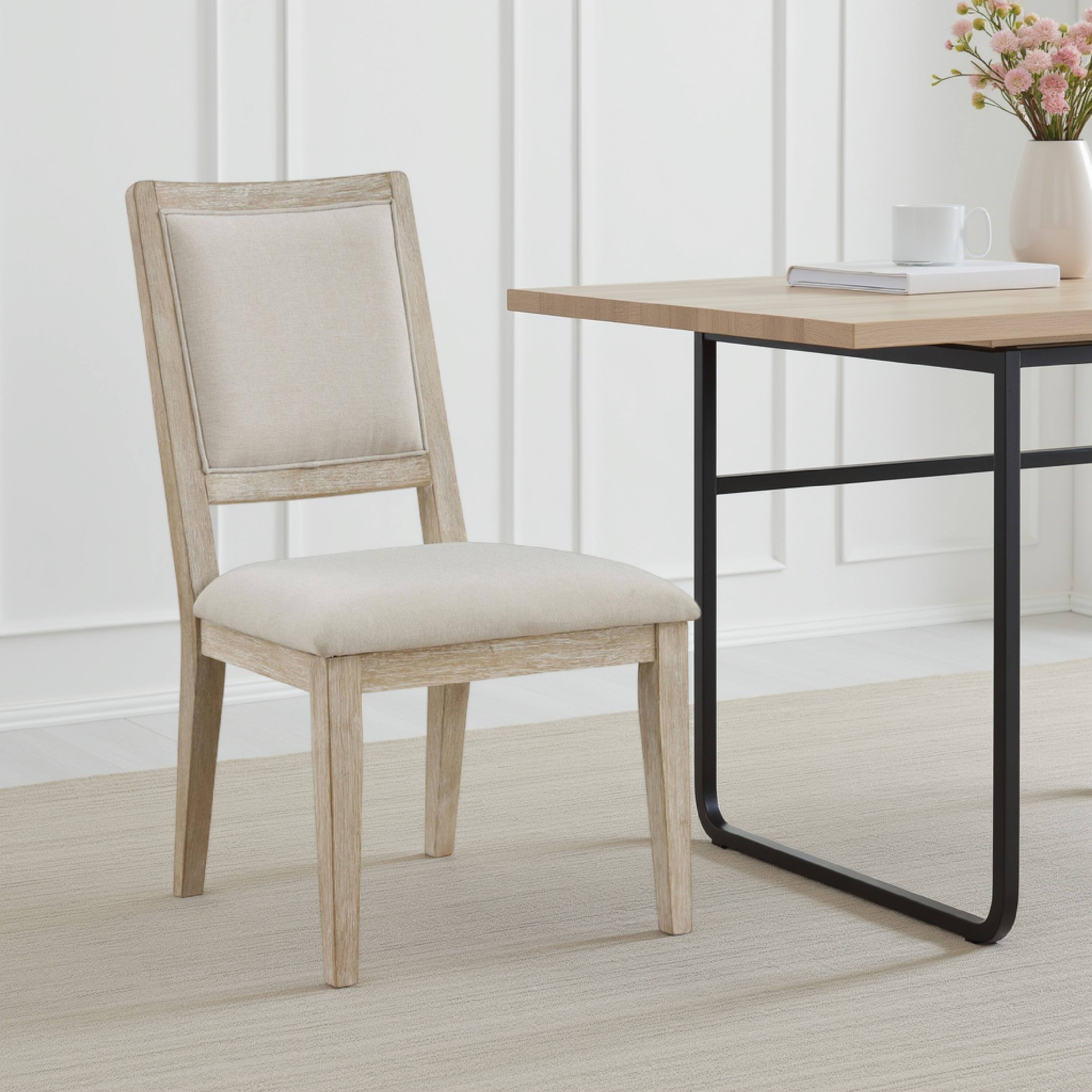 Alt View 5. Manhattan Lane - Eva Dining Side Chair Set of 2, Square Back, White Wood, Beige Fabric - Beige, White.