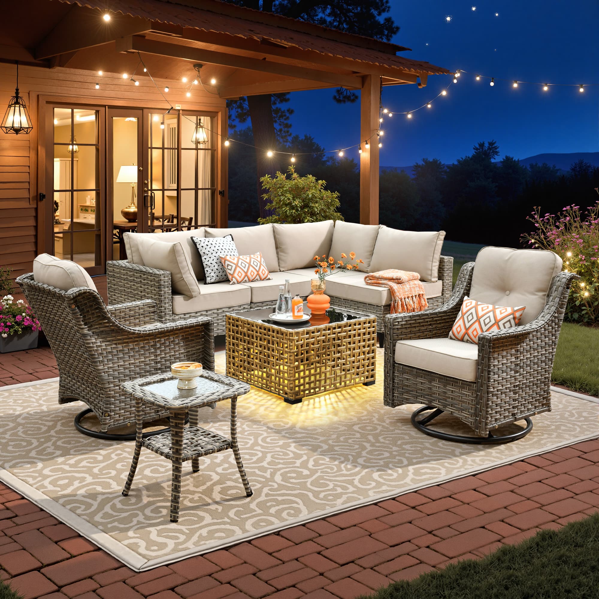 Ovios - 8 PCS Patio Furniture Set Outdoor Sectional Sofa Couch Swivel Chairs with Solar Coffee Table - Beige