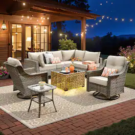Ovios - 8 PCS Patio Furniture Set Outdoor Sectional Sofa Couch Swivel Chairs with Solar Coffee Table - Beige