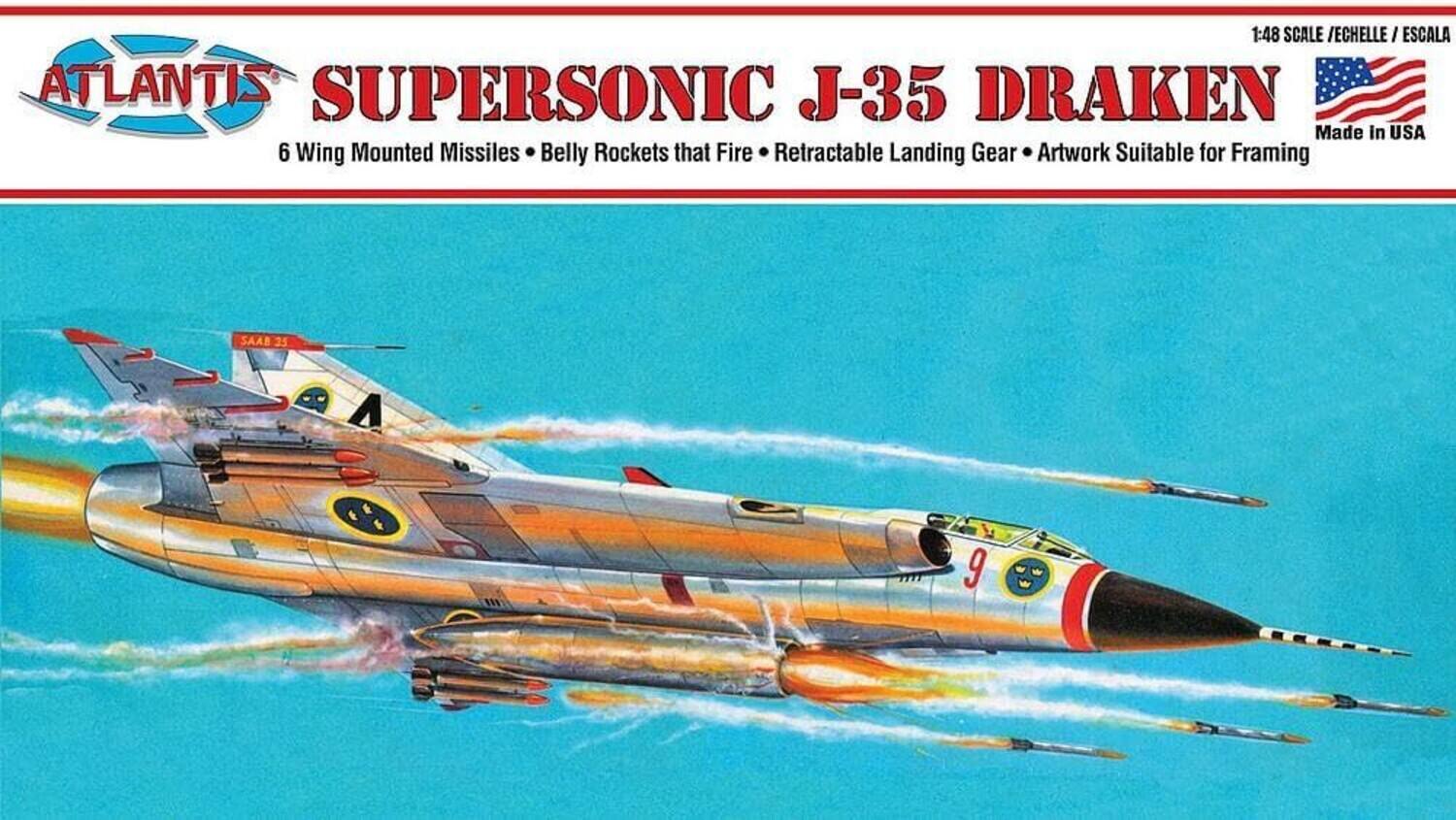 1:48 SCALE ECHELLE / ESCALA  
ATLANTIS SUPERSONIC J-35 DRAKEN  
Made in USA  
6 Wing Mounted Missiles Belly Rockets that Fire Retractable Landing Gear Artwork Suitable for Framing  
SAAB 35  
9