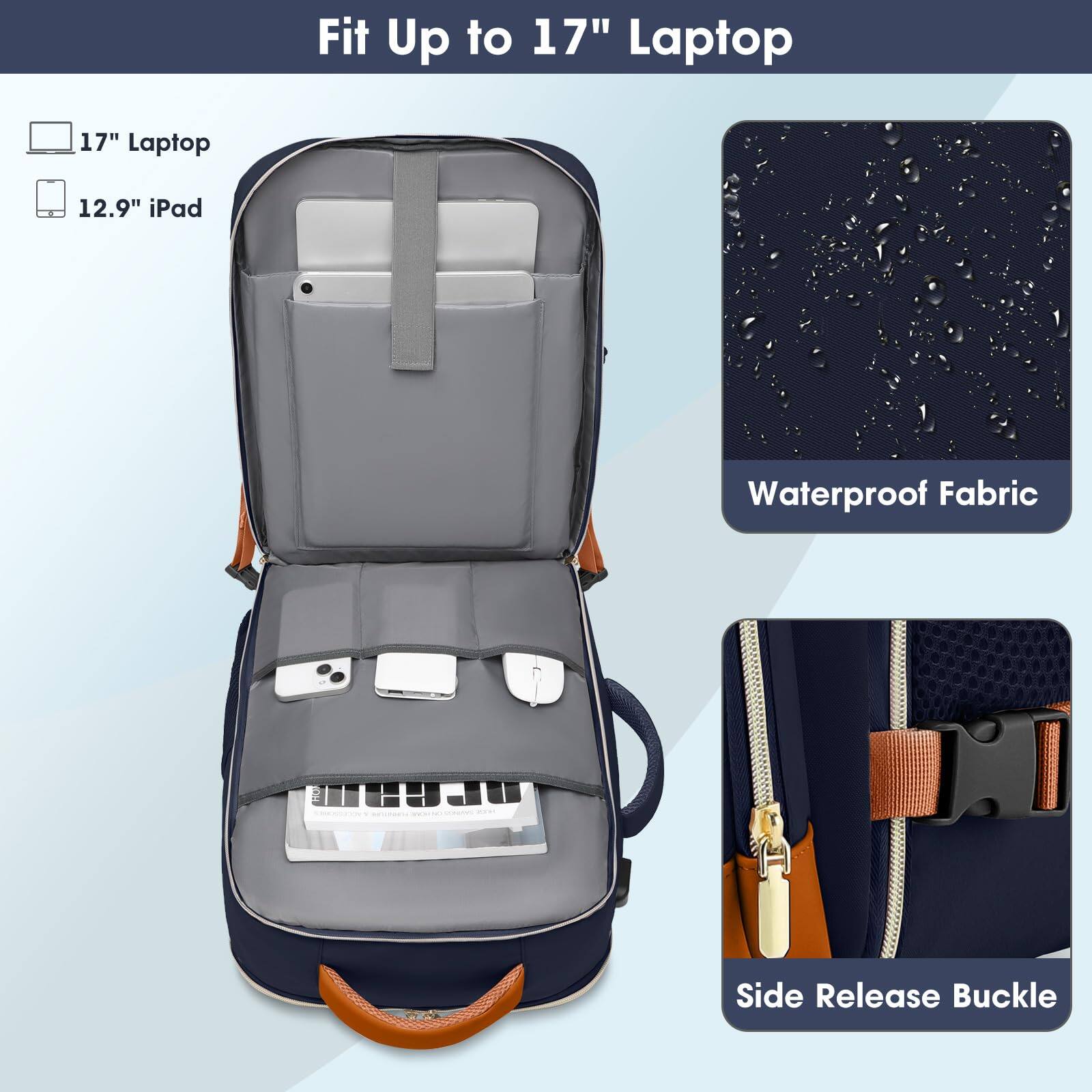 Alt View 5. Stamp n Camp - Large Carry On Travel Backpack  Flight Approved 40l Waterproof Personal Item Daypack For Women Weekender Bag Fit 17inch - Z-black-brown-18inch.