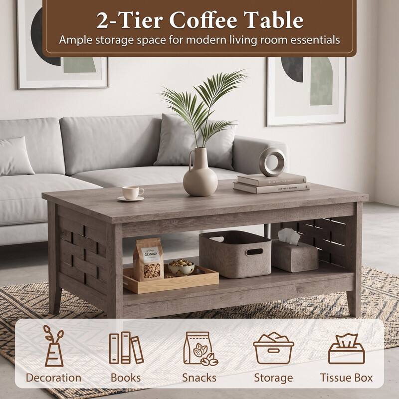 2-Tier Coffee Table  
Ample storage space for modern living room essentials

- Decoration
- Books
- Snacks
- Storage
- Tissue Box
