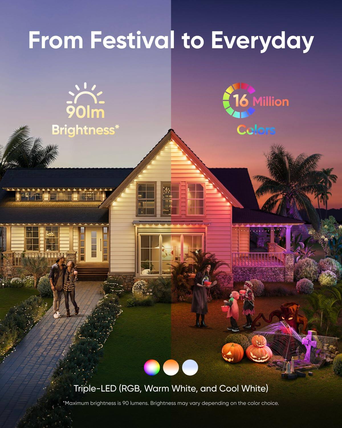 From Festival to Everyday
90lm Brightness*
16 Million Colors
Triple-LED (RGB, Warm White, and Cool White)
"Maximum brightness is 90 lumens. Brightness may vary depending on the color choice.