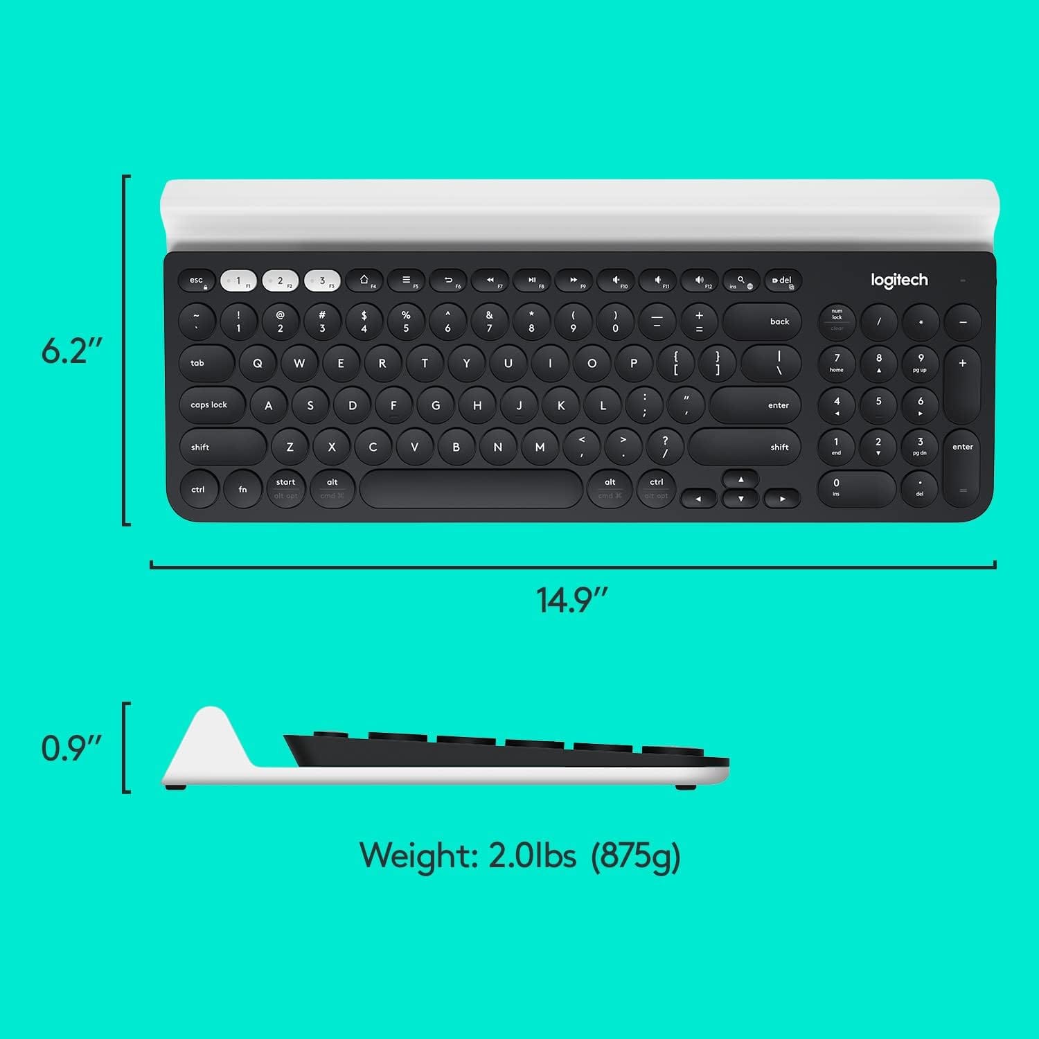 The image shows a keyboard and a keyboard cover, with the keyboard cover placed on top of the keyboard. The keyboard is a Logitech keyboard, and it measures 14.9" in length and 0.9" in width. The weight of the keyboard is 2.0lbs (875g).