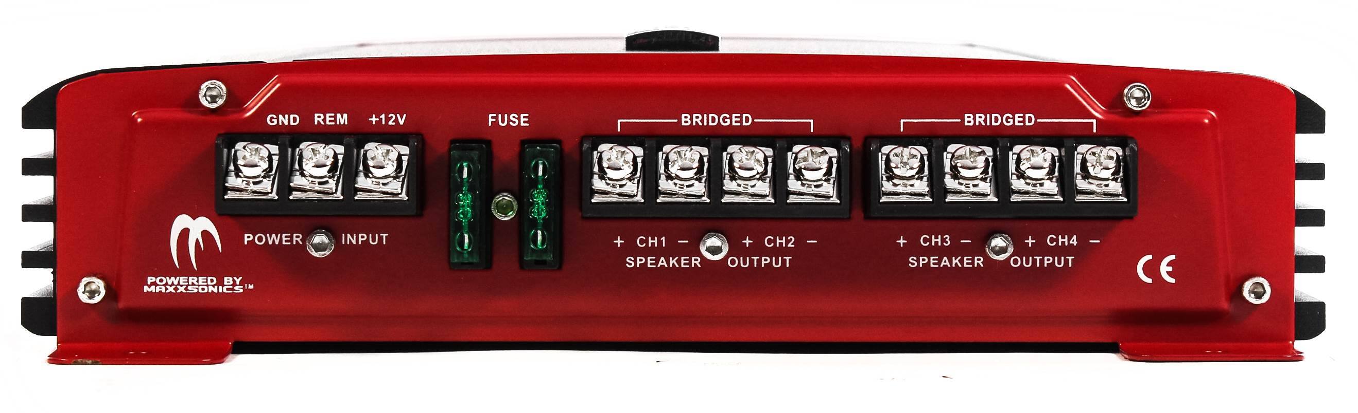 GND REM +12V  
POWER INPUT  
POWERED BY MAXXSONICS™  

FUSE  
BRIDGED  
+ CH1 - SPEAKER OUTPUT  
+ CH2 - SPEAKER OUTPUT  
BRIDGED  
+ CH3 - SPEAKER OUTPUT  
+ CH4 - SPEAKER OUTPUT  

CE