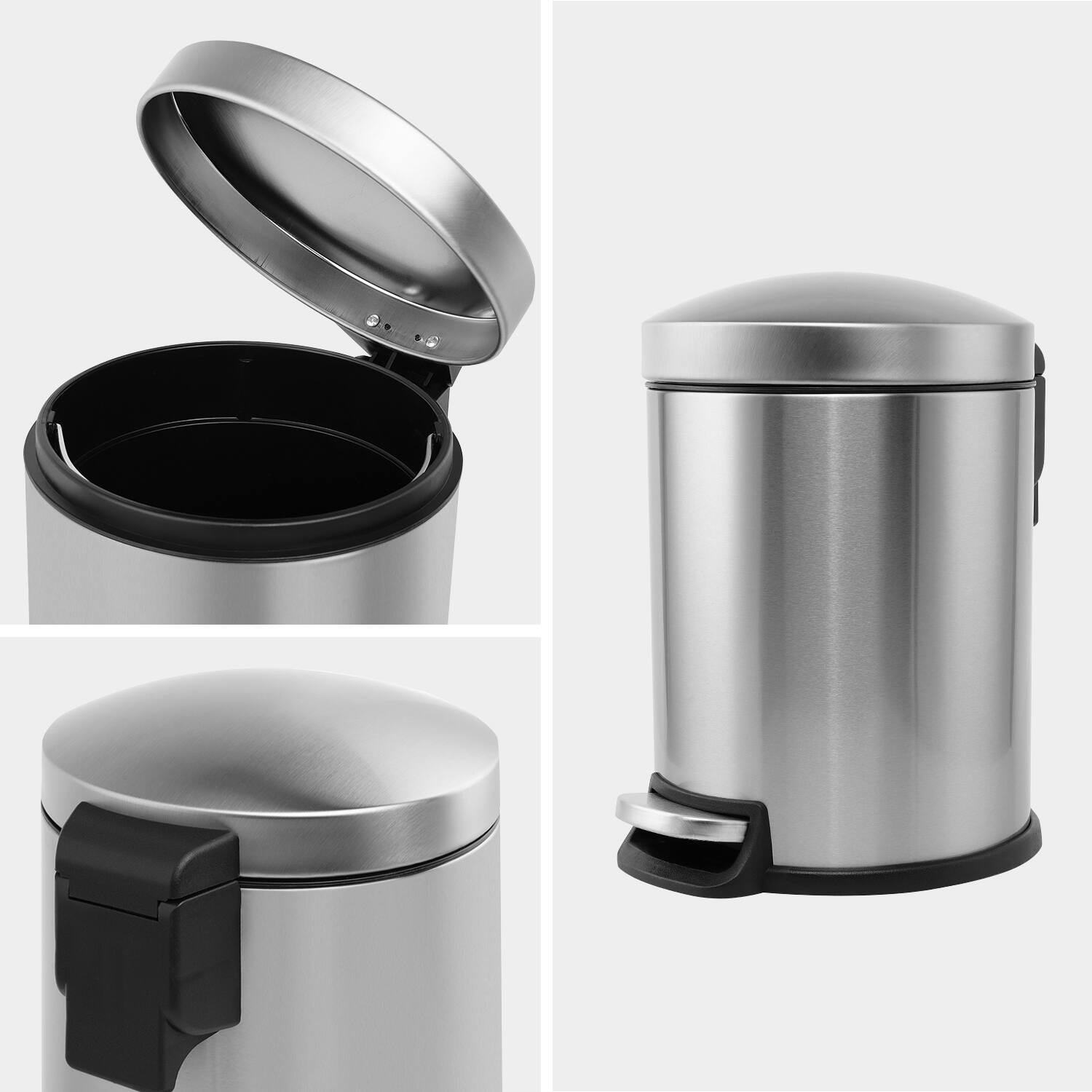 Angle. Innovaze - 1.32 Gal./5 Liter Stainless Steel Round Step-on Trash Can for Bathroom and Office - Silver.
