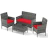 Costway - 4 PCS Patio Furniture Set with Washable Cushions and Tempered Glass Coffee Table - Red,Mix Gray