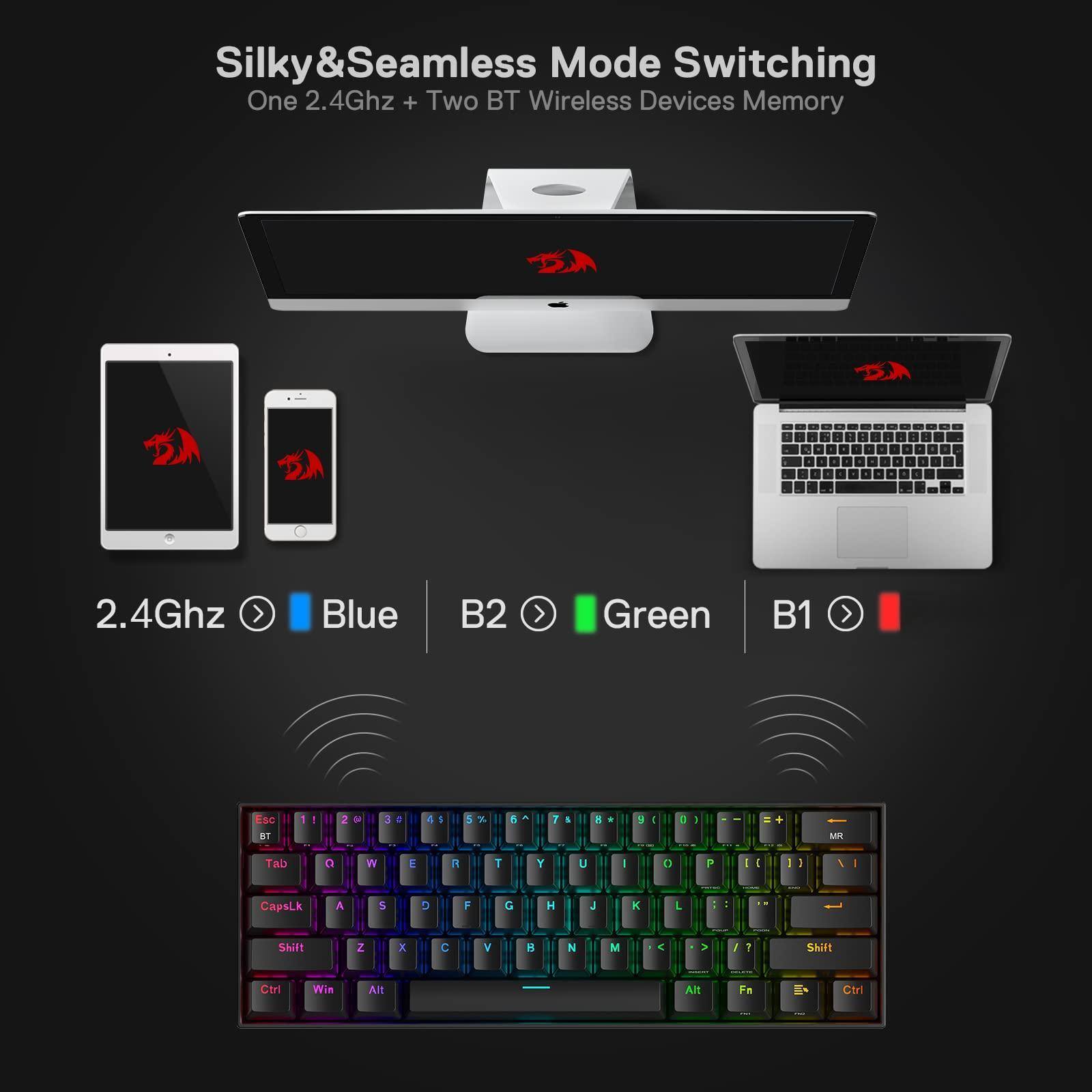 Silky&Seamless Mode Switching  
One 2.4Ghz + Two BT Wireless Devices Memory  

2.4Ghz Blue  
B2 Green  
B1 Red  

Esc 1 2 3 4 5 6 7 8 9 0 - =  
Tab Q W E R T Y U I O P [ ] \  
CapsLk A S D F G H J K L ; '  
Shift Z X C V B N M , . /  
Ctrl Win Alt Fn