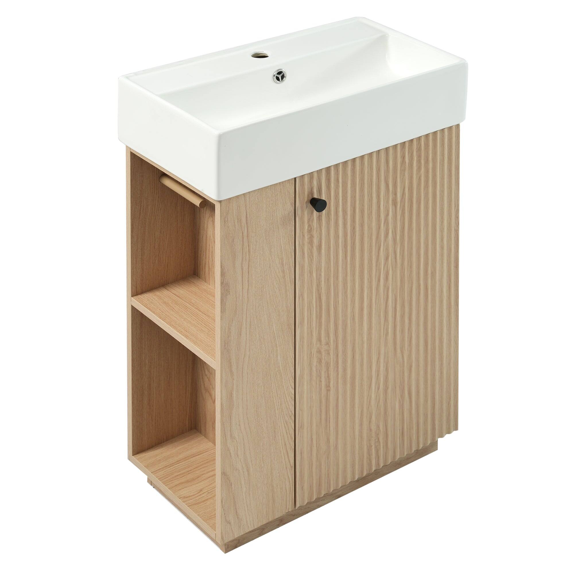 Left. Boyel Living - 21.6 Inch Bathroom Vanity with Ceramic Sink Wood Grain Cabinet Right Door Soft Close and Open Storage - Wood.