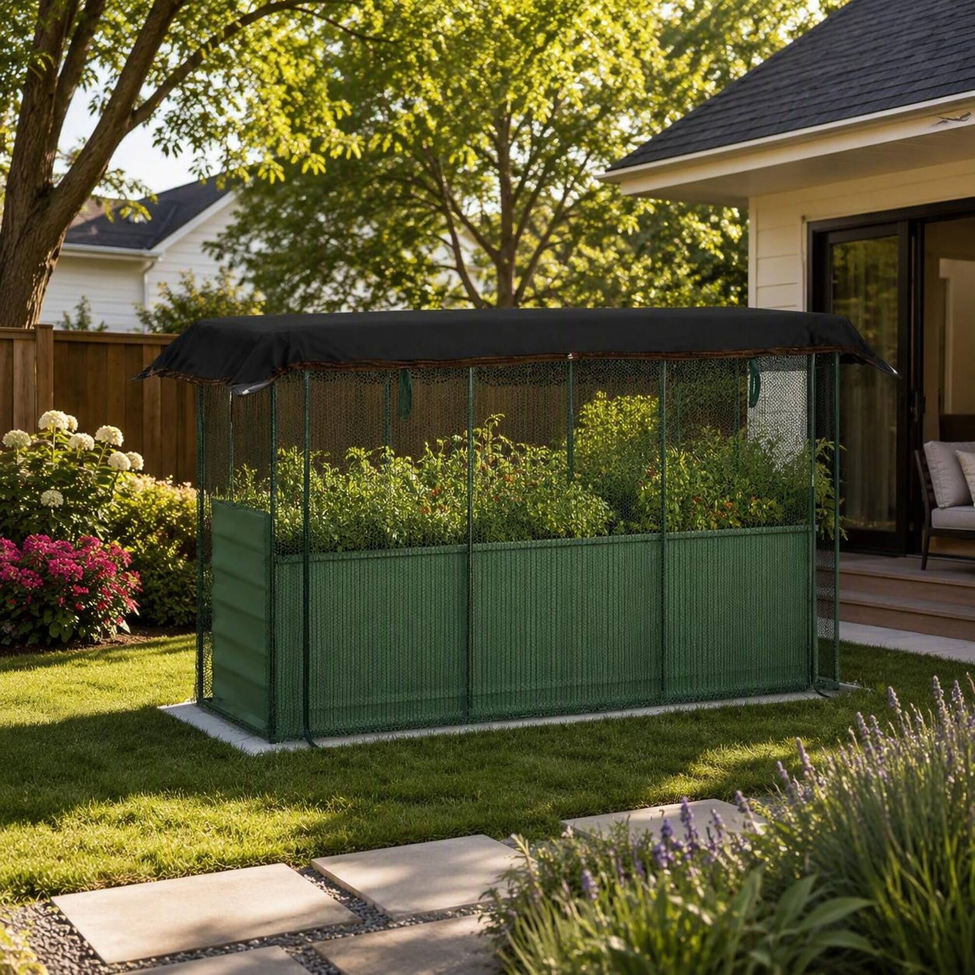 Left. RYHNUYNE - Galvanized Steel Raised Garden Bed with Crop Cage and Shade Cloth, Open Bottom Planter Box for Vegetables, 72.8 - Green.