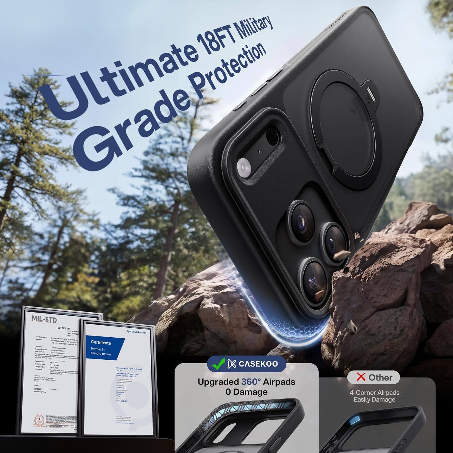 18FT Military Ultimate Protection Grade  
MIL-STD TEST REPORT  
Certificate Partner in dimote oction  
CASEKOO Upgraded 360 Airpads 0 Damage  
X Other 4-Corner Airpads Easily Damage