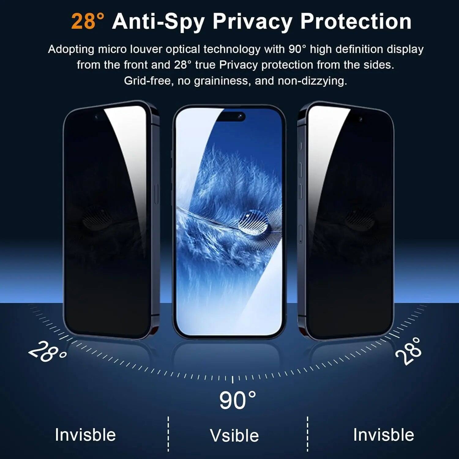 28° Anti-Spy Privacy Protection  
Adopting micro louver optical technology with 90° high definition display from the front and 28° true Privacy protection from the sides.  
Grid-free, no graininess, and non-dizzying.  

28  
90  
28  
Invisible  
Visible  
Invisible