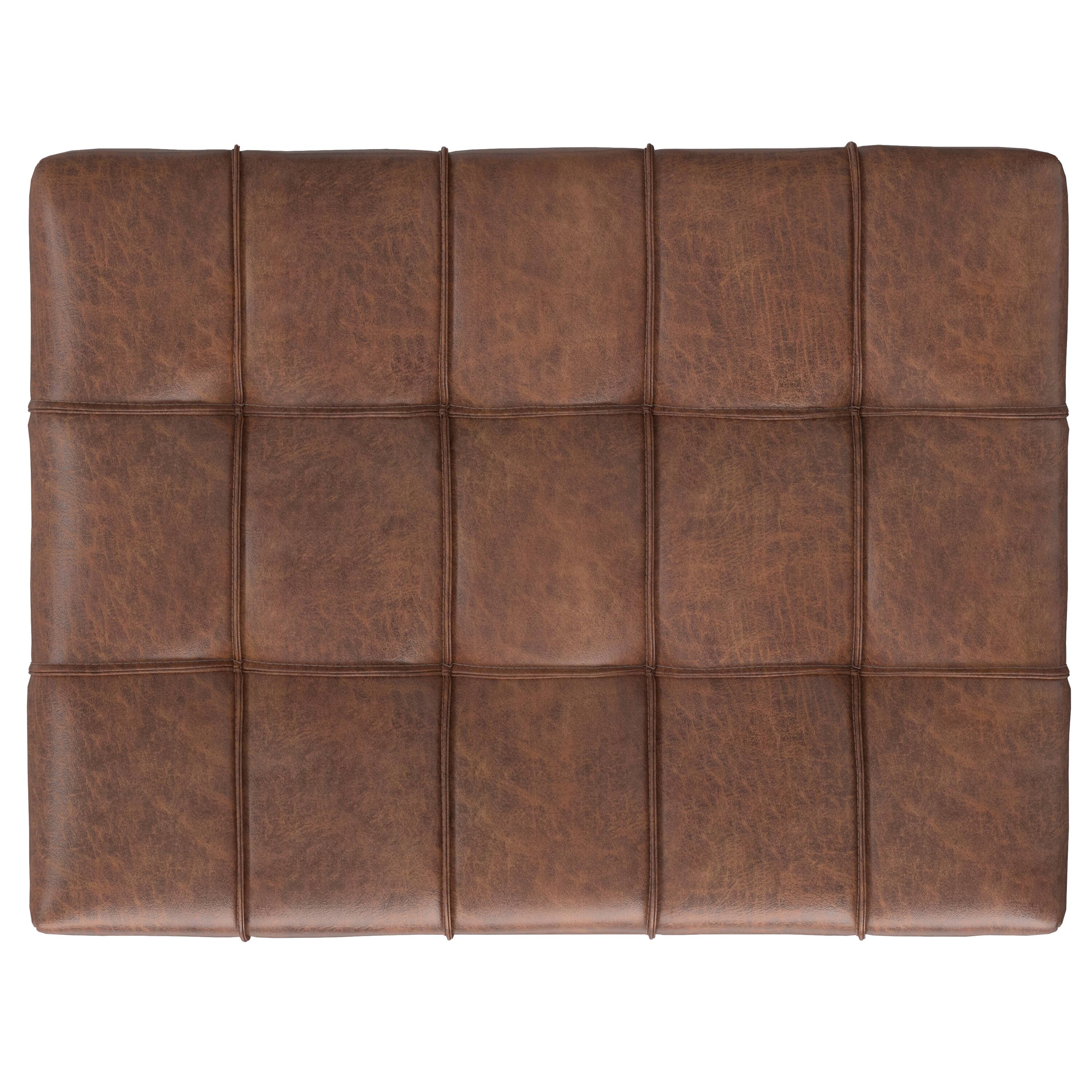 Back. Simpli Home - Mariah 34 inch Contemporary Rectangle Coffee Table Storage Ottoman in Distressed Saddle Brown Faux Leather, Assembled - Distressed Saddle Brown.