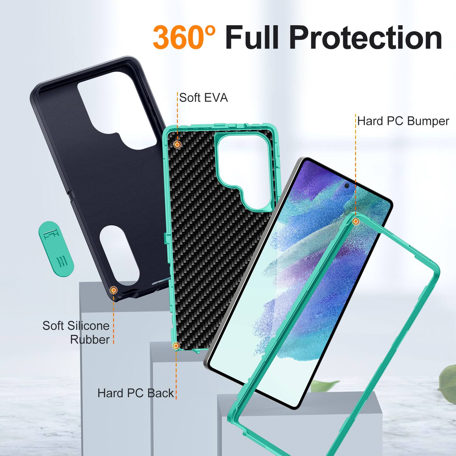 360° Full Protection

- Soft EVA
- Hard PC Bumper
- Soft Silicone Rubber
- Hard PC Back