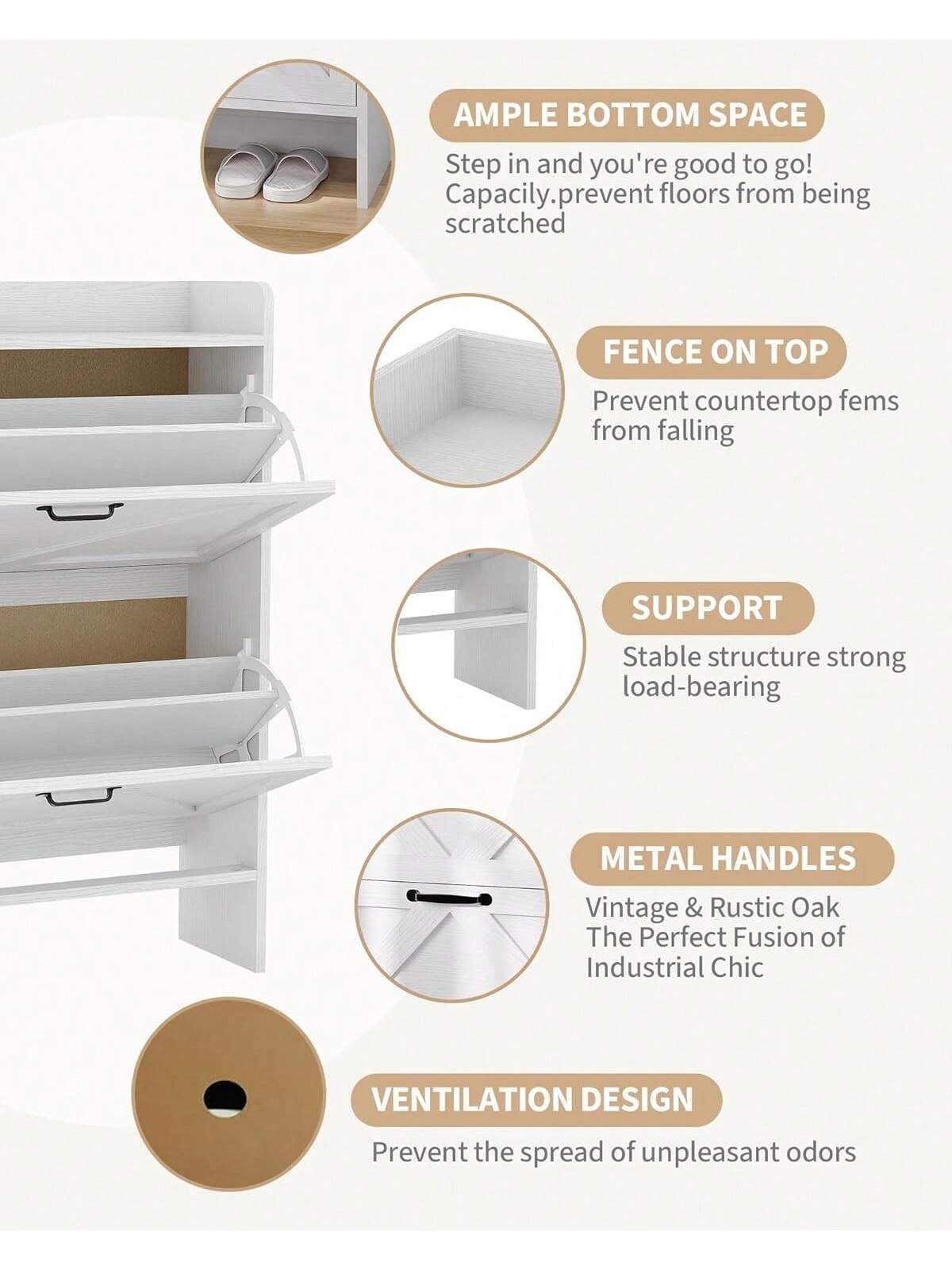 - AMPLE BOTTOM SPACE: Step in and you're good to go! Capacity. Prevent floors from being scratched.
- FENCE ON TOP: Prevent countertop items from falling.
- SUPPORT: Stable structure strong load-bearing.
- METAL HANDLES: Vintage & Rustic Oak. The Perfect Fusion of Industrial Chic.
- VENTILATION DESIGN: Prevent the spread of unpleasant odors.