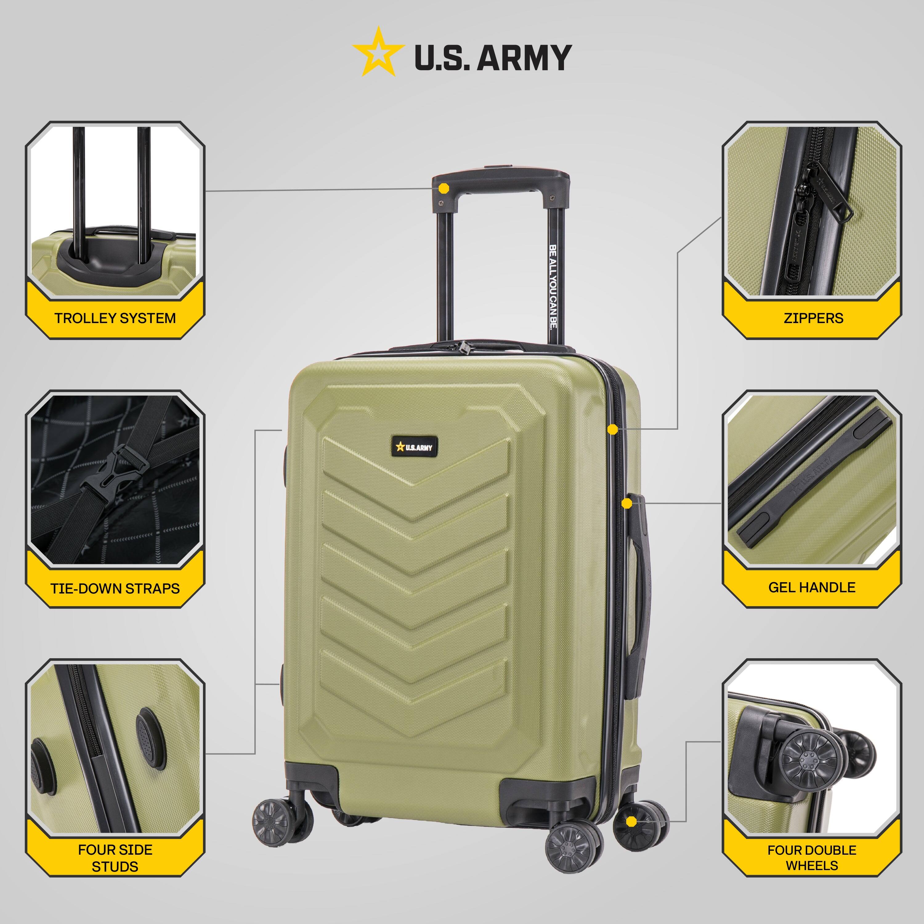 U.S. ARMY

- TROLLEY SYSTEM
- ZIPPER
- TIE-DOWN STRAPS
- FOUR SIDE STUDS
- GEL HANDLE
- FOUR DOUBLE WHEELS