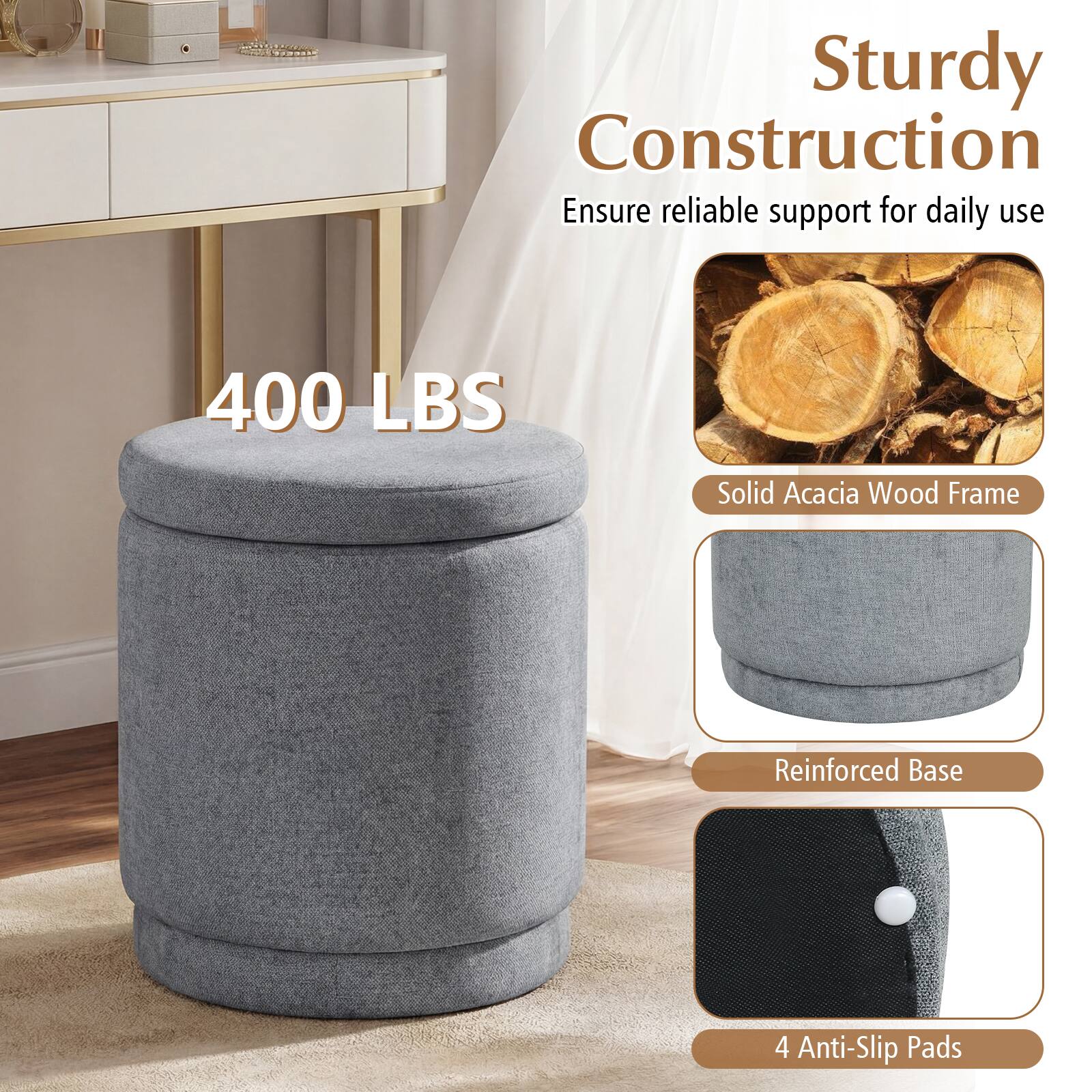 Sturdy Construction  
Ensure reliable support for daily use  
400 LBS  
Solid Acacia Wood Frame  
Reinforced Base  
4 Anti-Slip Pads