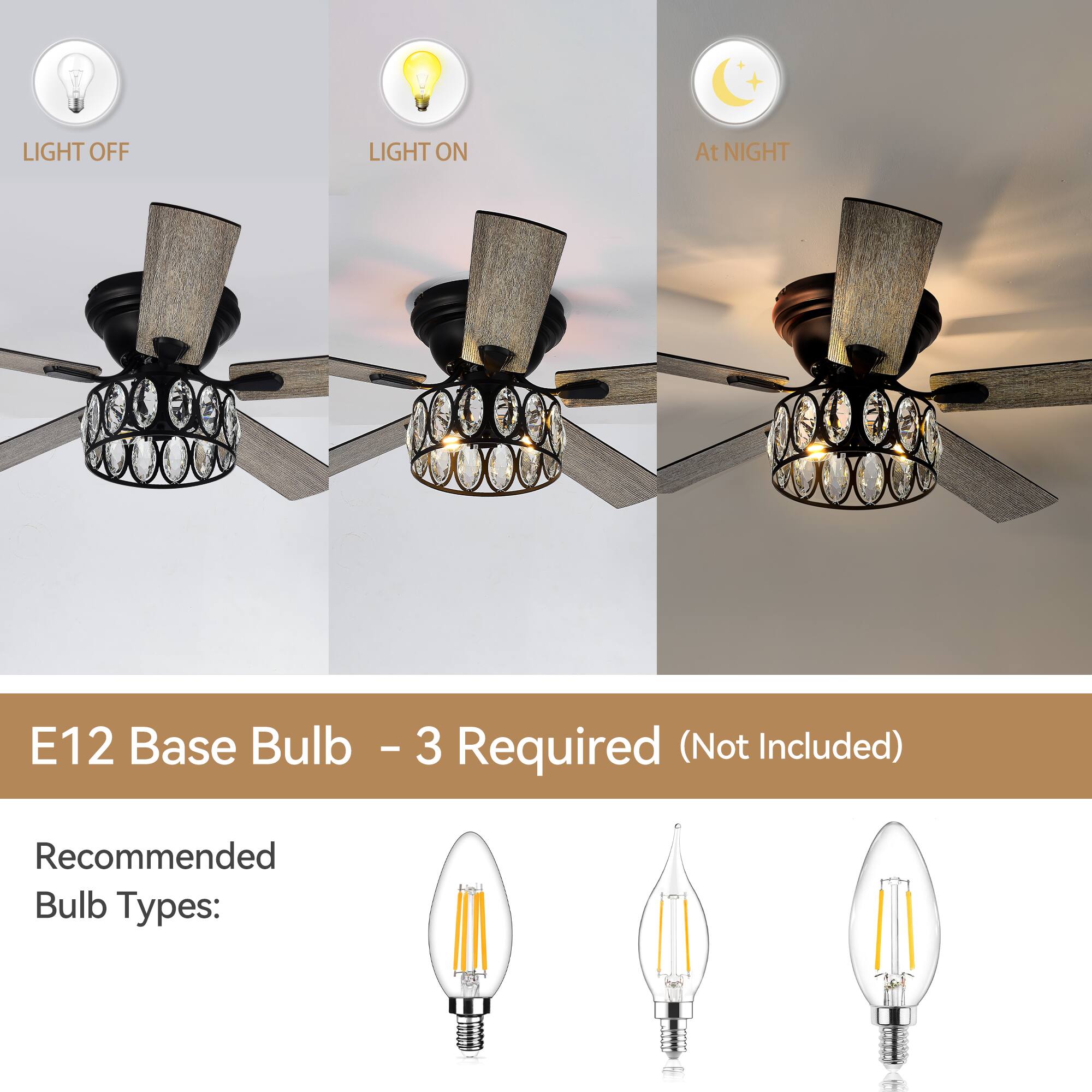 LIGHT OFF LIGHT ON At NIGHT
E12 Base Bulb - 3 Required (Not Included)
Recommended Bulb Types: