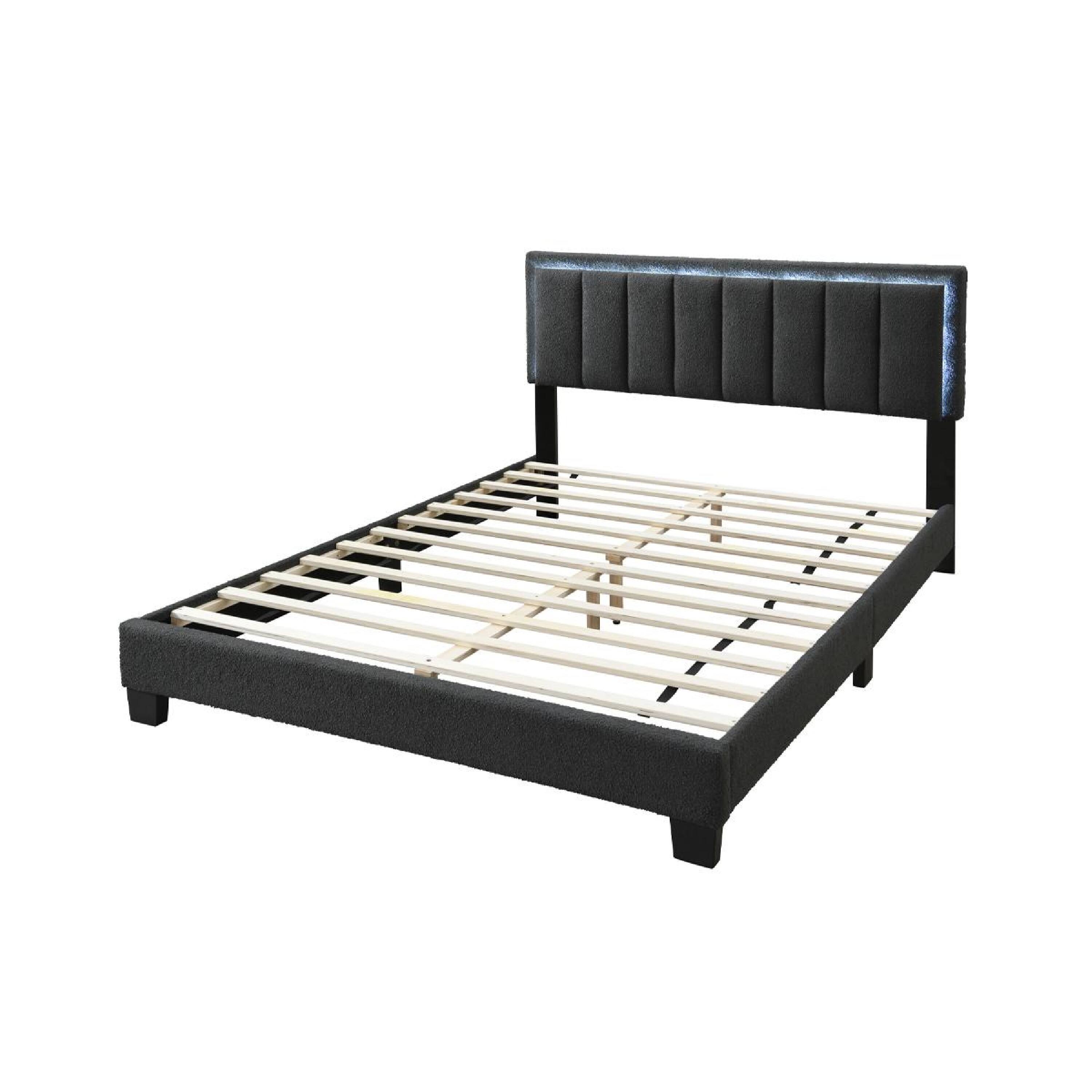 Alt View 1. Manhattan Lane - Zemo Queen Size Bed, LED Headboard, Charcoal Gray Wool Upholstery - Charcoal Gray, Black.