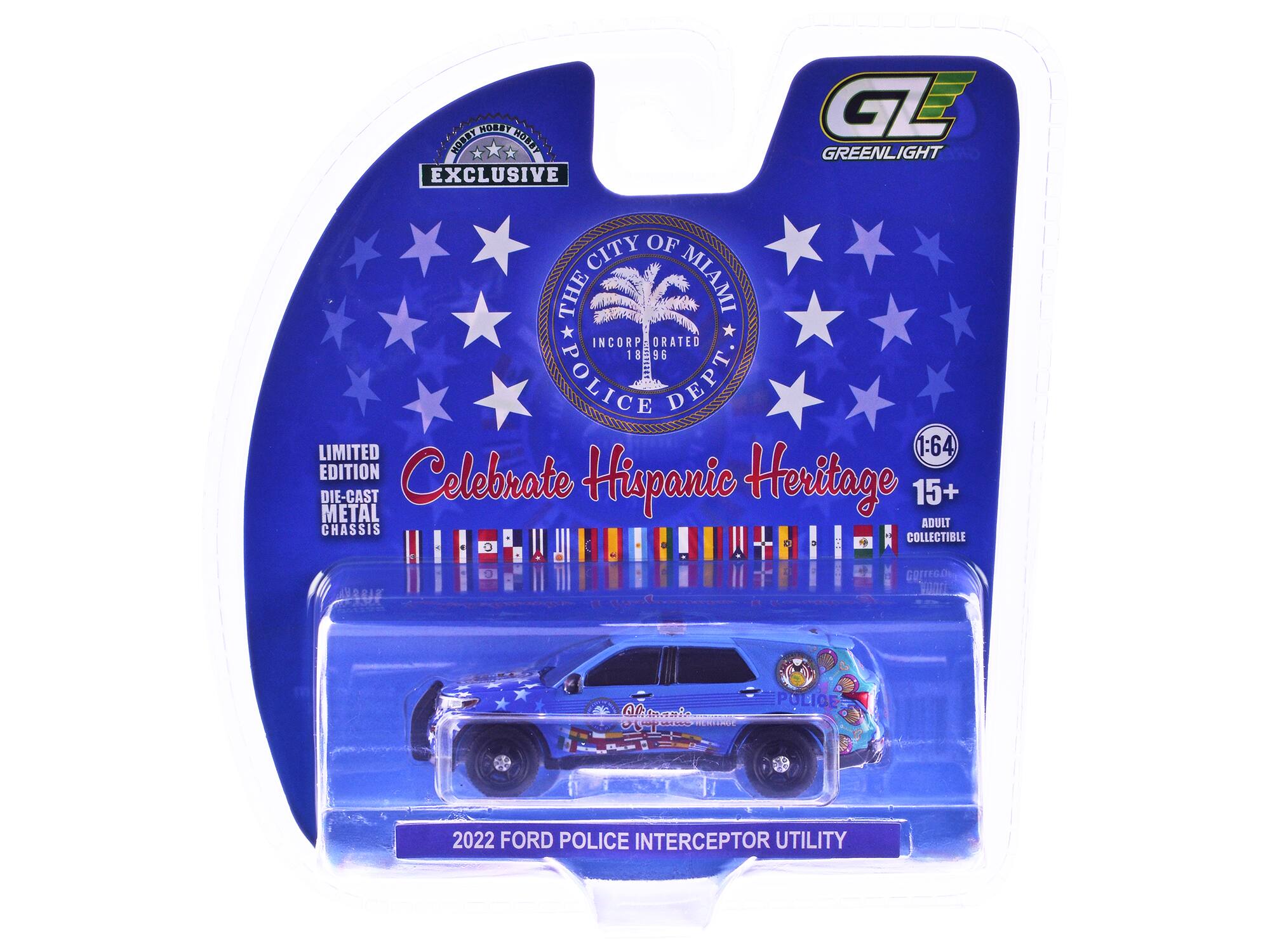 MOBE MOEEYHOREL HORBT HOLL EXCLUSIVE GL GREENLIGHT CITY OF THE MIAMI INCORPORATED 18-96 96 POLICE DEPT LIMITED 1:64 EDITION Celebrate Hispanic Heritage DIE-CAST METAL Hispanic 15+ ADULT CHASSIS COLLECTIBLE a GOFFEGAIE or Ctnania JT POLICE 2022 FORD POLICE INTERCEPTOR UTILITY