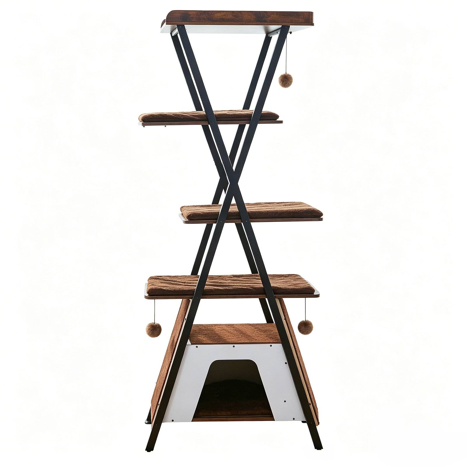 Back. JUJABU - 73" Brown Wooden Cat Tower - Multi-Level Cat Tree with Scratching Posts, Caves, Large Perch & Removable Pads.