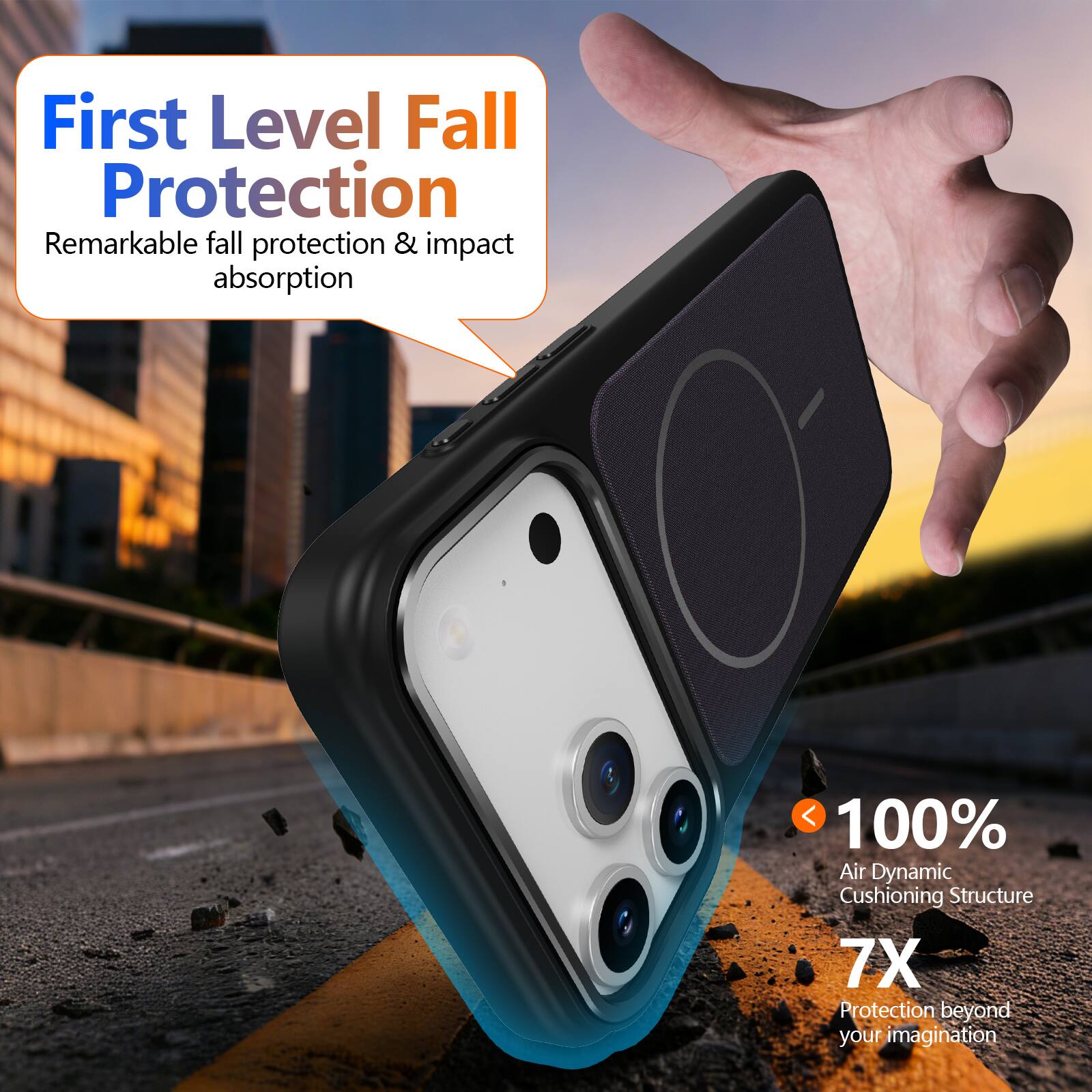 First Level Fall Protection  
Remarkable fall protection & impact absorption  

100% Air Dynamic Cushioning Structure  
7X Protection beyond your imagination