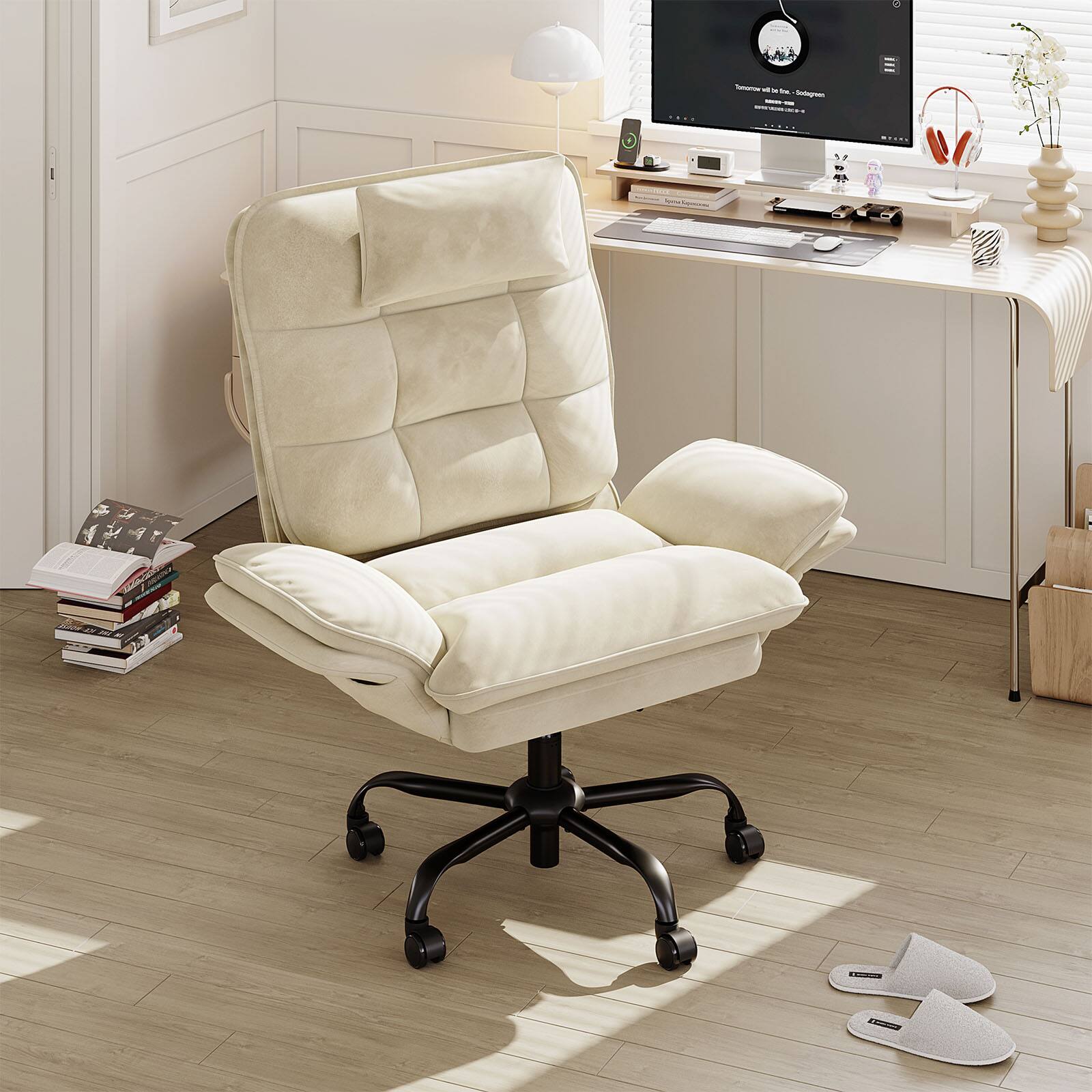 Back. Bestier - Home Office Desk Chair with Ergonomic Headrest & Velvet Upholstery - White.