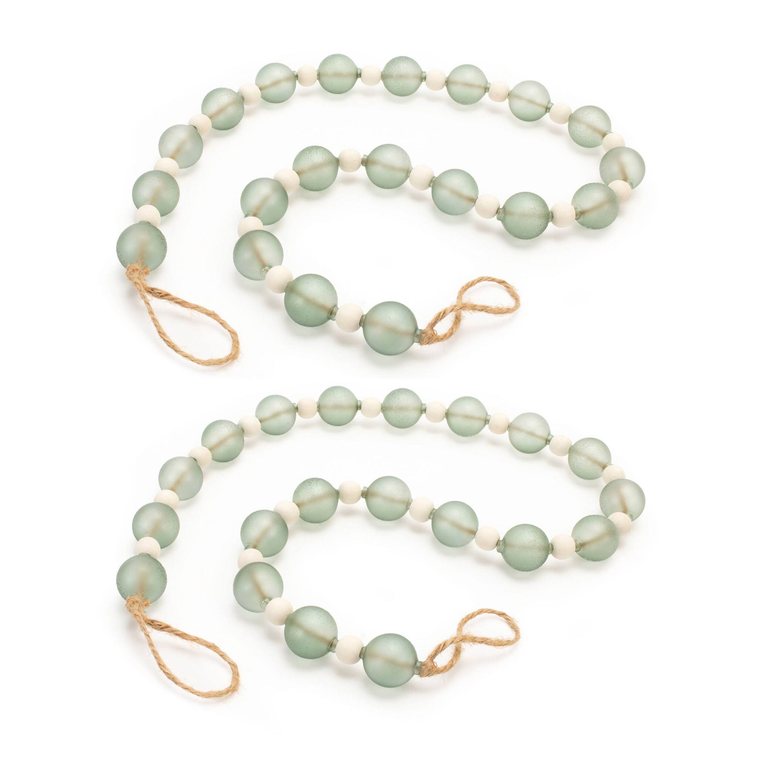 Left. BreeBe - Green Glass and Wood Bead Garland (Set of 2) - Green.