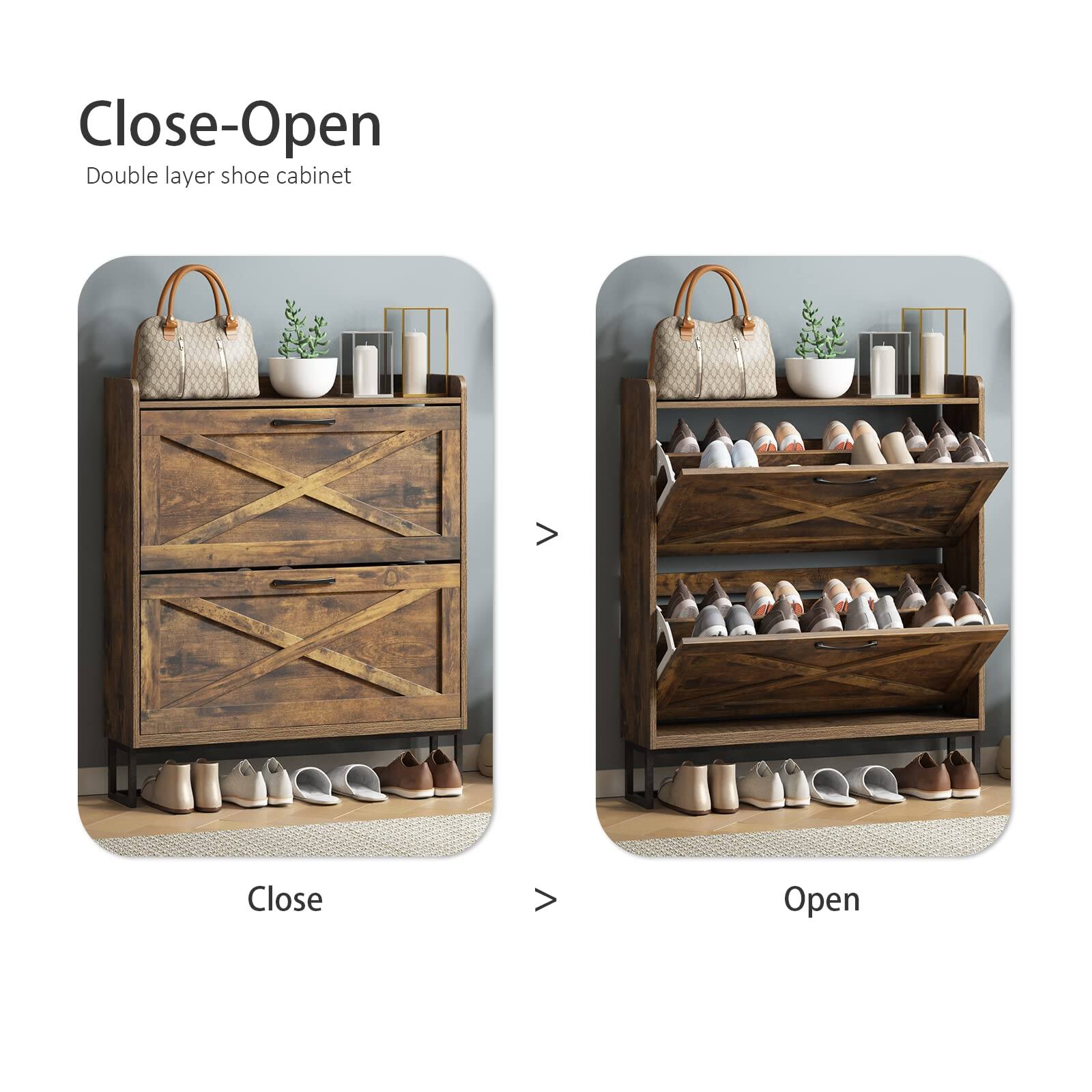 Close-Open  
Double layer shoe cabinet  

Close  
Open