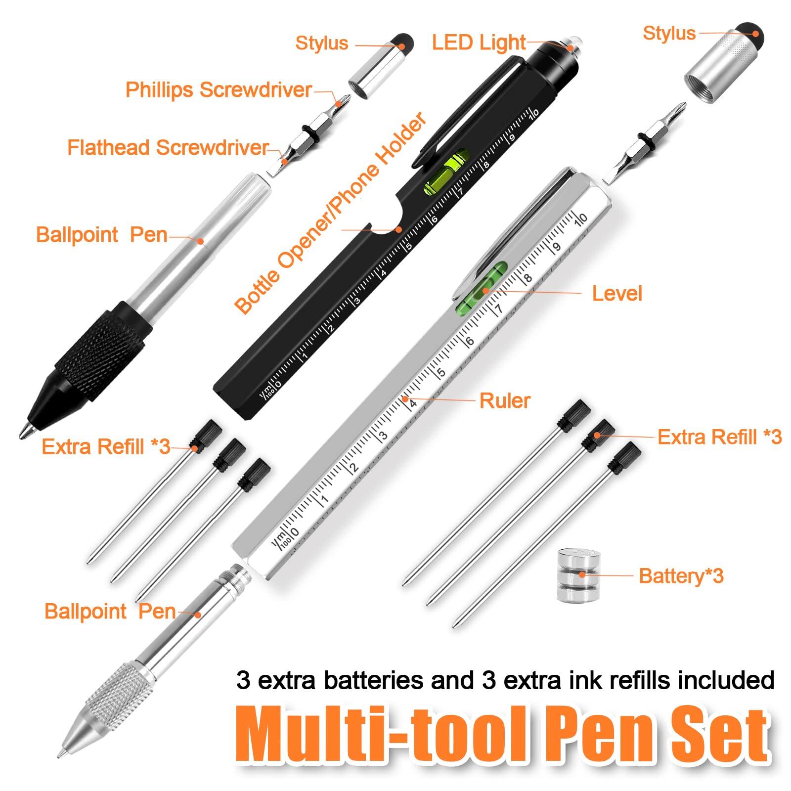 LED Light Stylus  
Phillips Screwdriver  
Flathead Screwdriver  
Ballpoint Pen  
Bottle Opener/Phone Holder  
Level  
Ruler  
Extra Refill *3  
Extra Refill *3  
Battery*3  

3 extra batteries and 3 extra ink refills included  
Multi-tool Pen Set