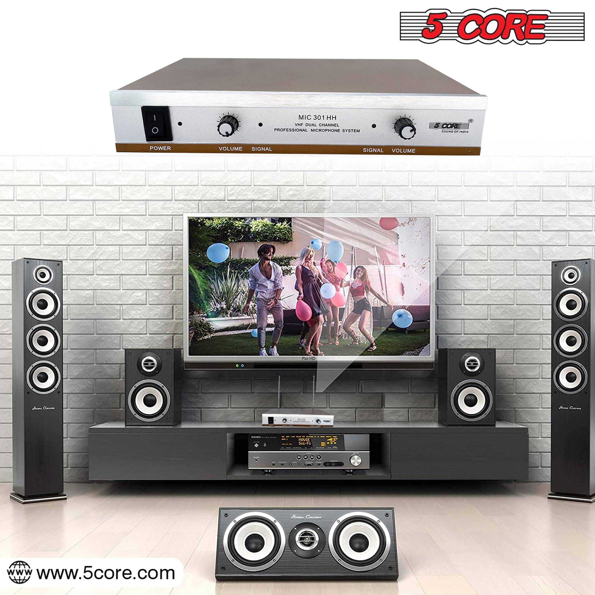 The text on the image is:

"5 CORE MIC 301 HH VIRTUAL CHANNEL PROFESSIONAL MICROPHONE SYSTEM 5 CORE - POWER VOLUME SIGNAL SIGNAL VOLUME and 2 A Coas www.5core.com"

Corrected and grouped text:

"5 CORE MIC 301 HH VIRTUAL CHANNEL PROFESSIONAL MICROPHONE SYSTEM
5 CORE - POWER VOLUME SIGNAL SIGNAL VOLUME and 2
A Coas
www.5core.com"