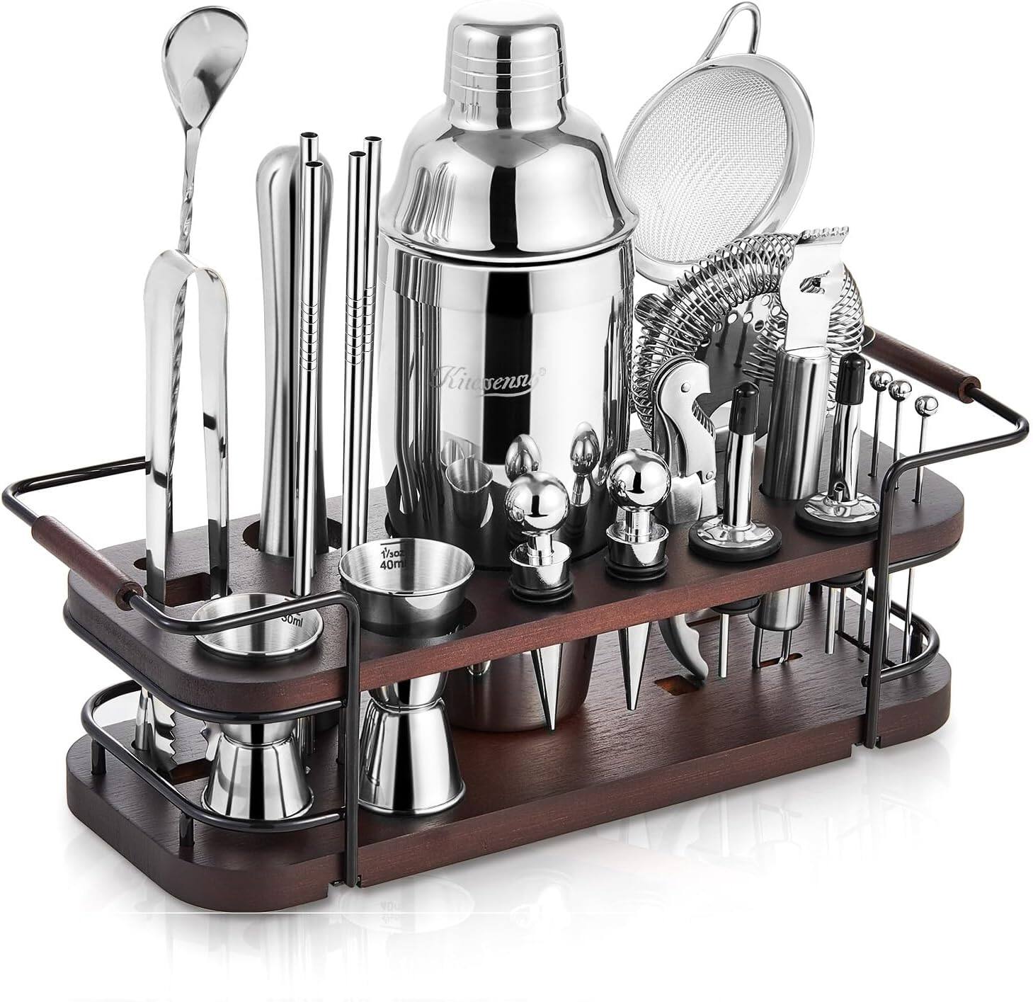 KITESSENSU - Cocktail Shaker Set Bartender Kit with Stand | Complete 24-Piece Bar Set Cocktail Kit with All Bar Accessories - sliver