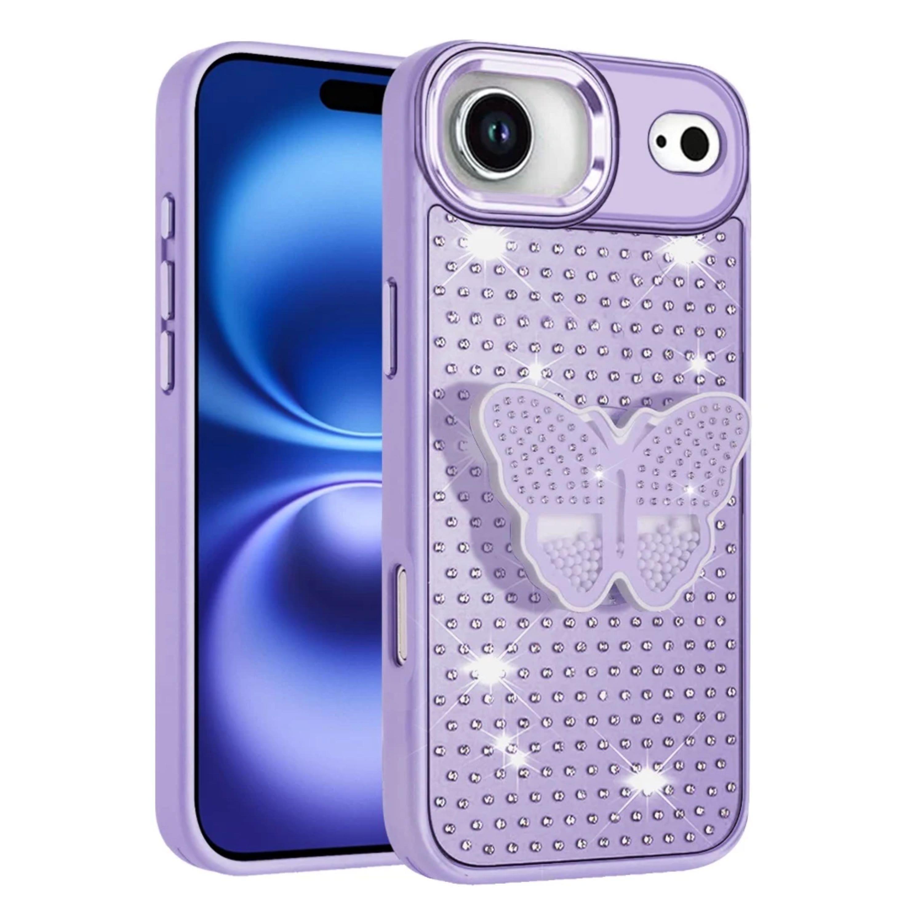 Kitcheniva - Butterfly Grip Stand Faux Crystals Phone Case With Tempered Glass For iPhone Air - Purple