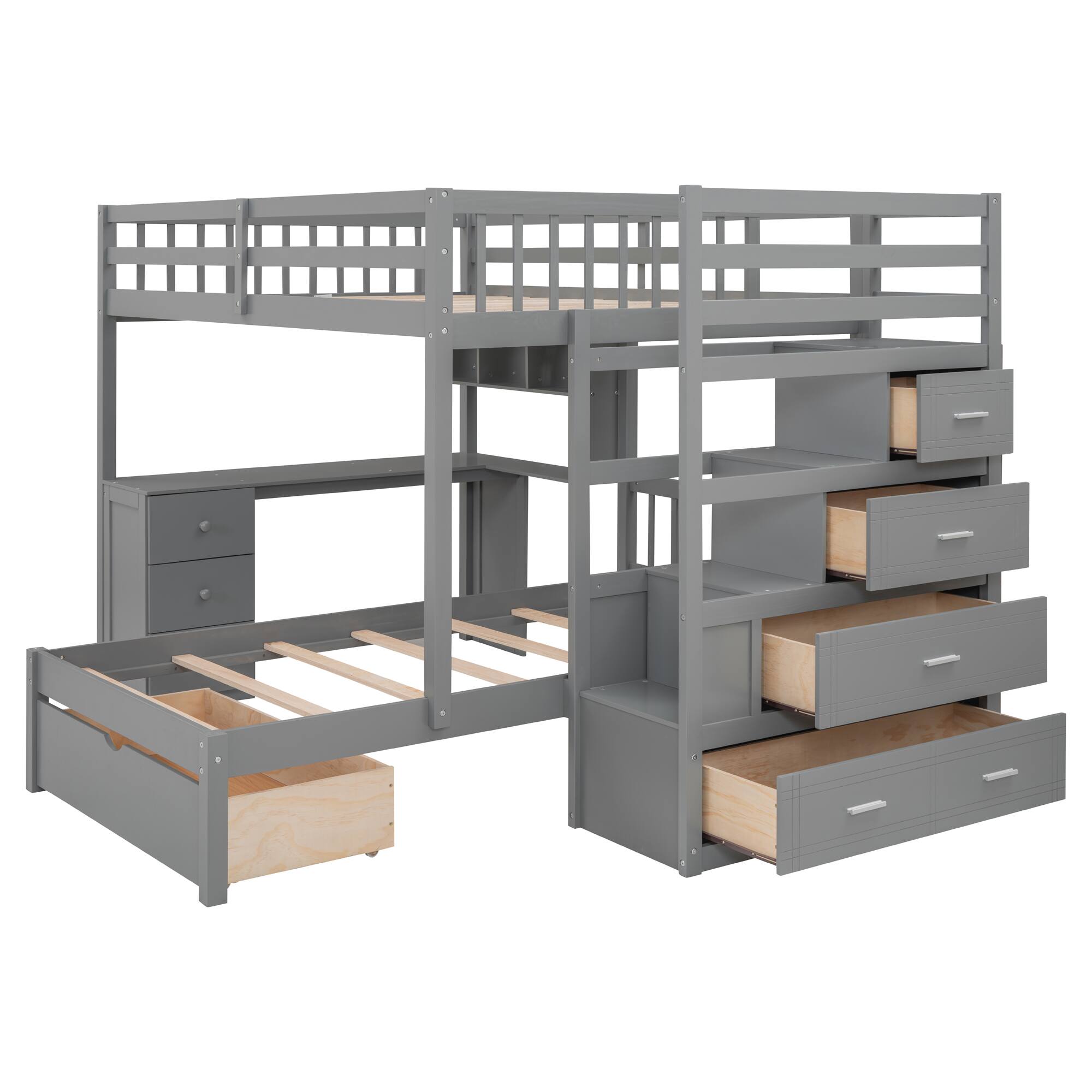 Back. Tiramisubest - Full Over Twin Bunk Bed with Desk, Gray - Solid Wood, 98x80x65 inches, Space-Saving - Gray.