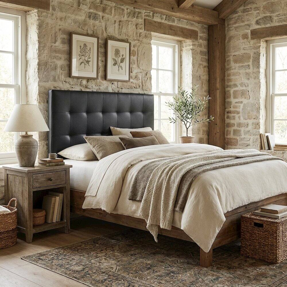 Angle. FurniFact - Upholstered Vinyl Full Headboard with Smooth Finish for Bedroom Comfort - Black.