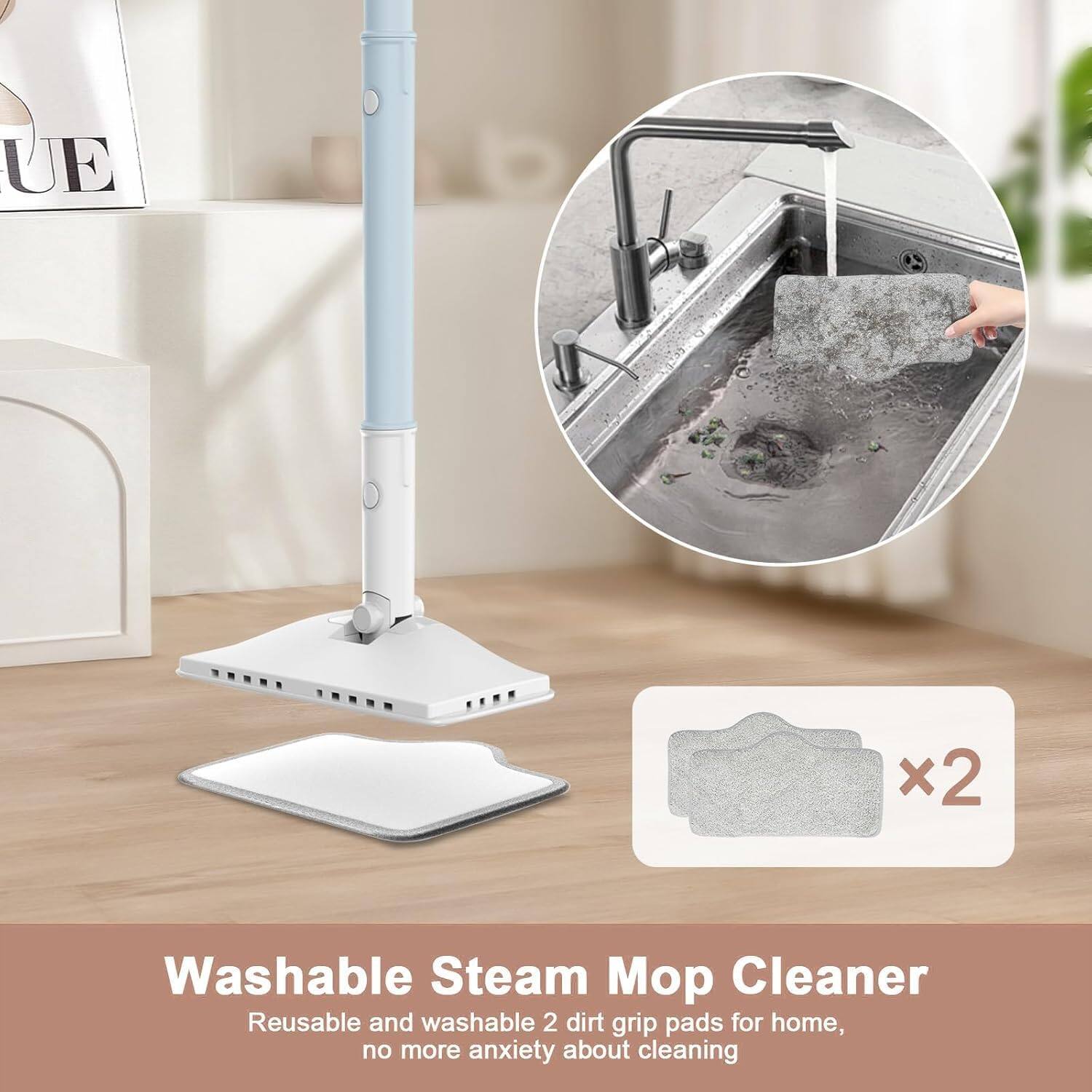 Washable Steam Mop Cleaner  
Reusable and washable 2 dirt grip pads for home, no more anxiety about cleaning